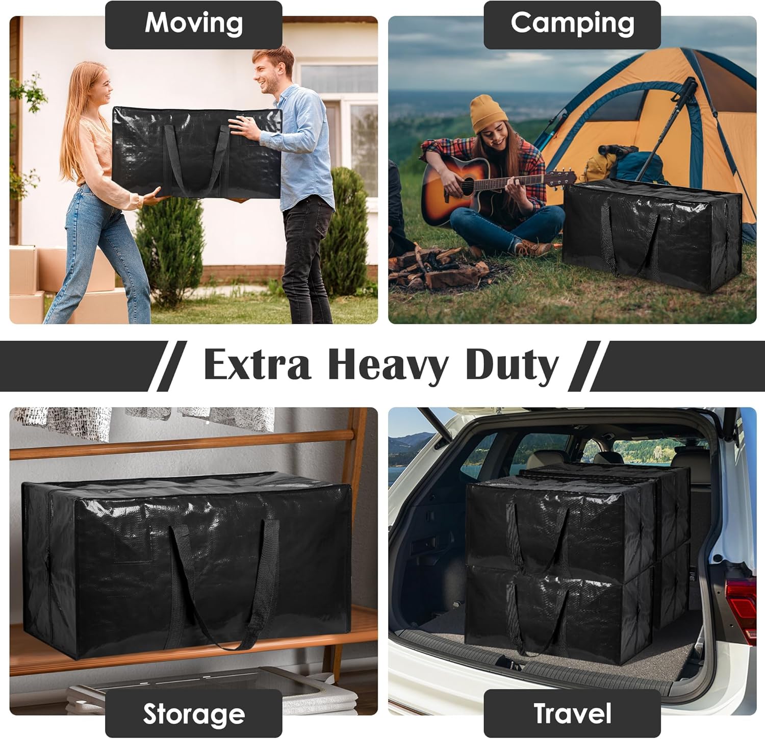 6 Pack Extra Large Heavy Duty Moving Bags with Reinforced Zipper & Wide Handles, Moisture-Resistant Storage Bins Packing Cubes for Clothes, College Dorm, Travel, and Home Organization, Black - Image 7