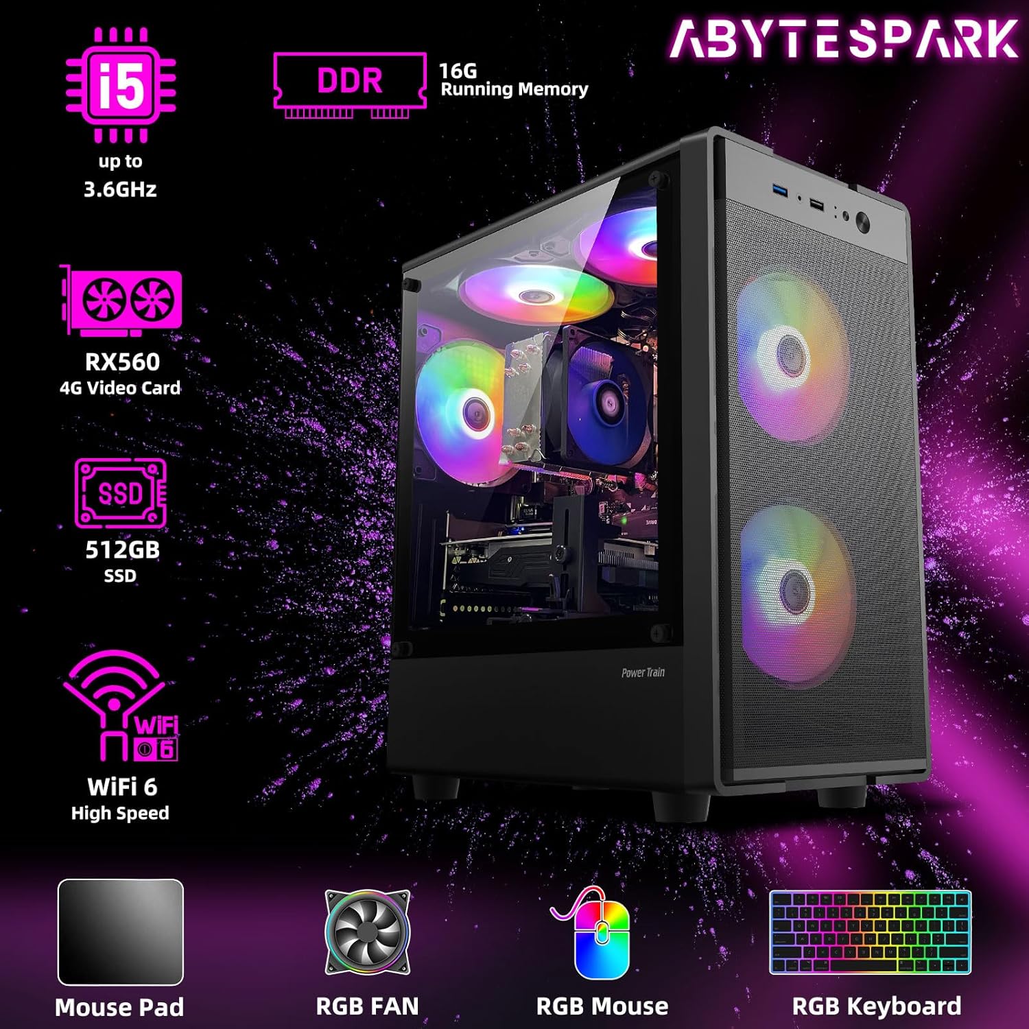 Prebuilt Gaming PC Desktop Computer,Intel Core i5 to 3.6GHz,RX560 Graphics Card with 4GB GDDR5 Video Memory,16GB RAM, 512GB SSD,WiFi 5.0,RGB Fan x5 - Image 2