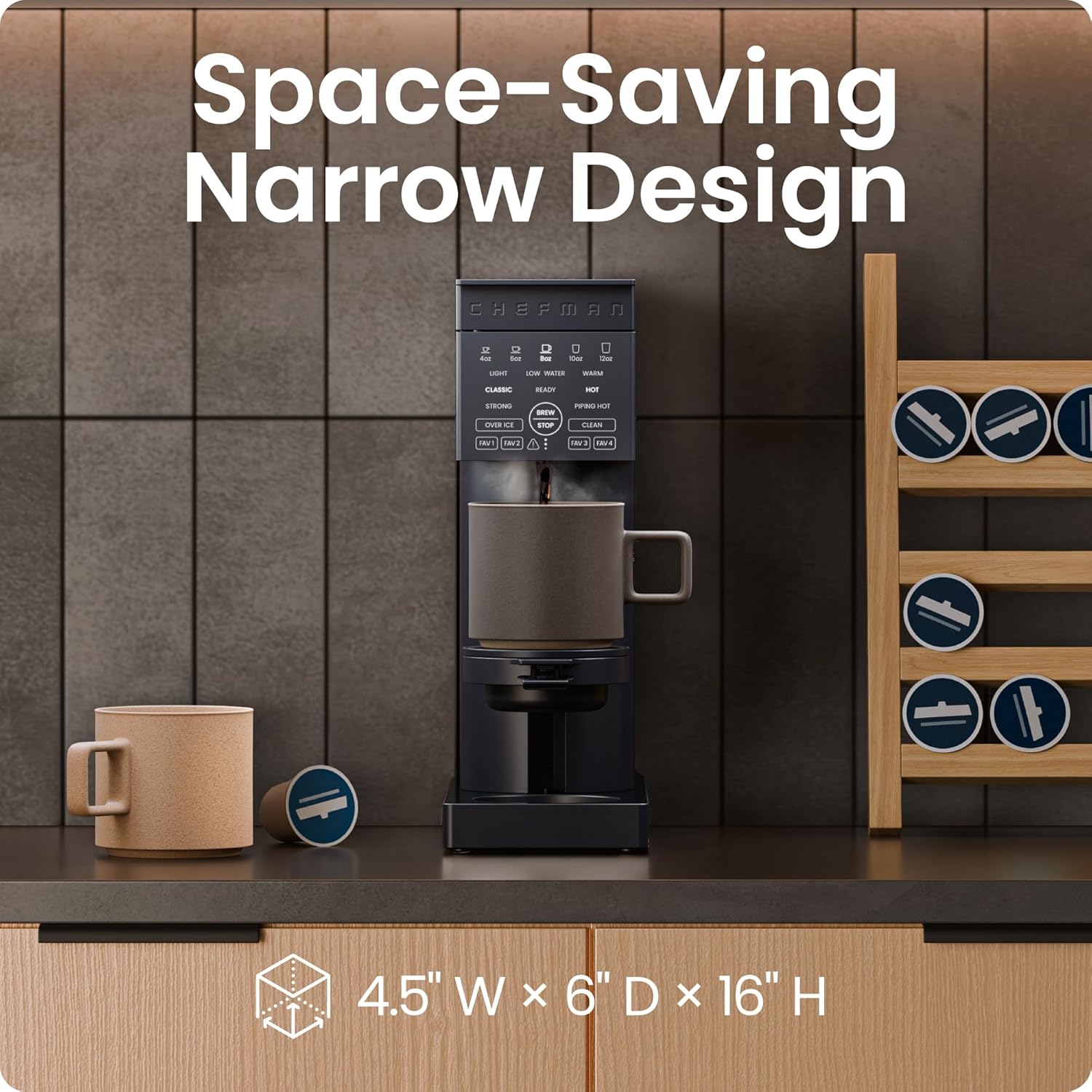 Chefman Caffeinator Single Serve Coffee Maker, Brew Kcups & Grounds, Drip Coffee Machine with Brew Strength Settings, Iced Coffee Function, 48 oz. Removable Water Reservoir - Image 10