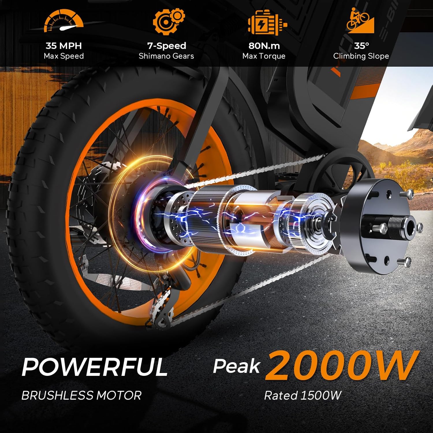 Movcan V40 Electric Bike For Adults,48V25Ah Removable Battery 20” Fat Tire Dirt Bike,1500W Motor 35MPH Top Speed 120 Miles Range Electric Motorcycle,7 Speed Dual Hydraulic Brake Ebikes For All-Terrain - Image 2
