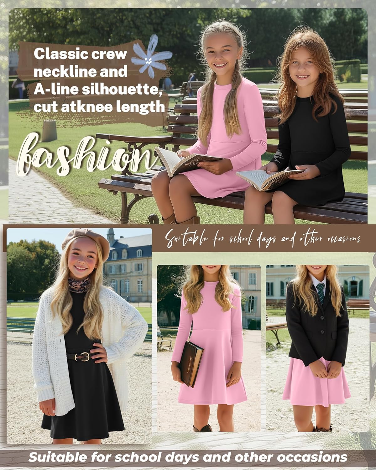 2 Pack Girls Long Sleeve Dress Skater Twirl a Line Crewneck Casual Fall Dresses for Kids 5-14 Years - Image 3