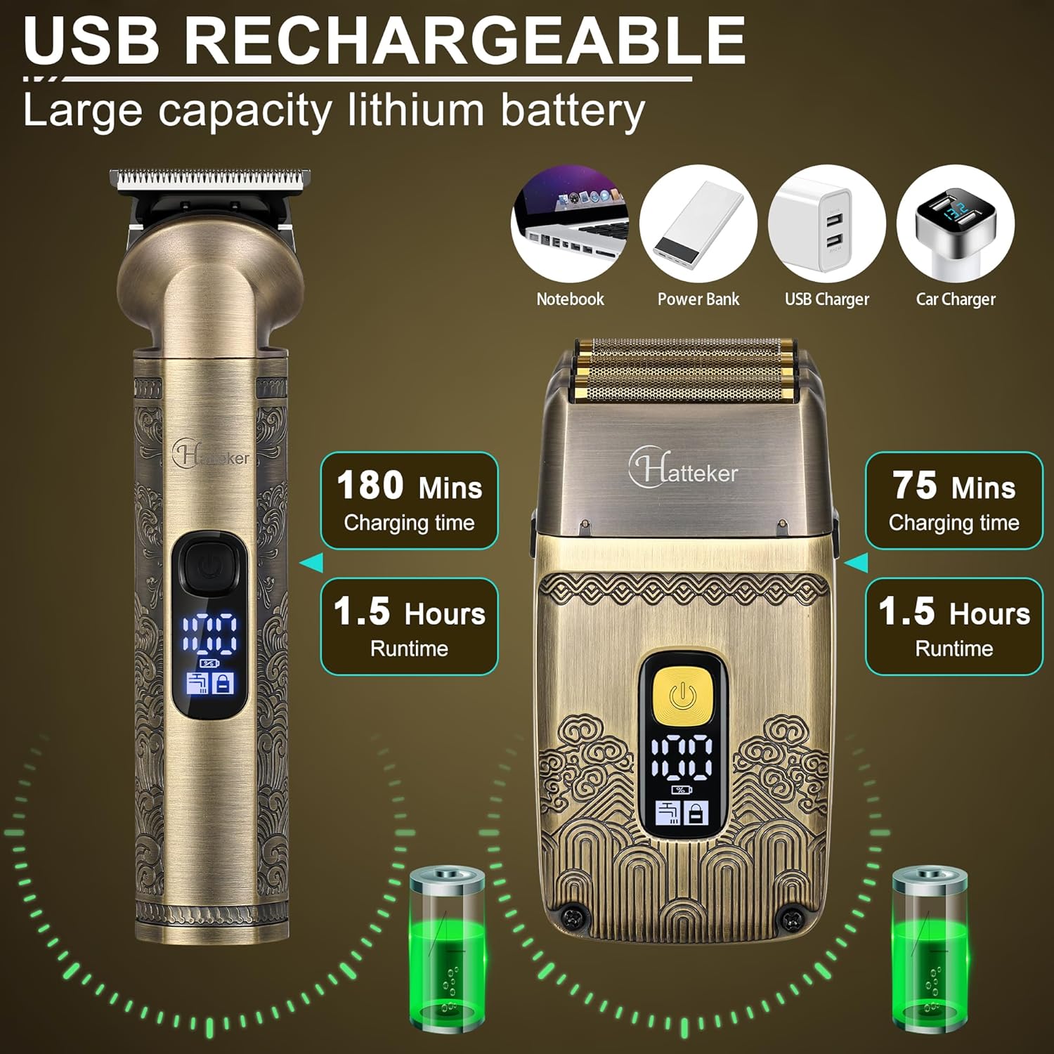 Hatteker Professional Hair Clipper Electric Razor Foil Shavers for Men Body Nose Ear Hair Grooming Kit with Triple Blades Cordless Waterproof - Image 4