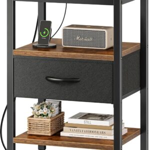 SUPERJARE Nightstand with Charging Station, Bed Side Table with Adjustable Fabric Drawer, Night Stand for Bedroom, 3-Tier Storage End Table, for Living Room, Rustic Brown and Black