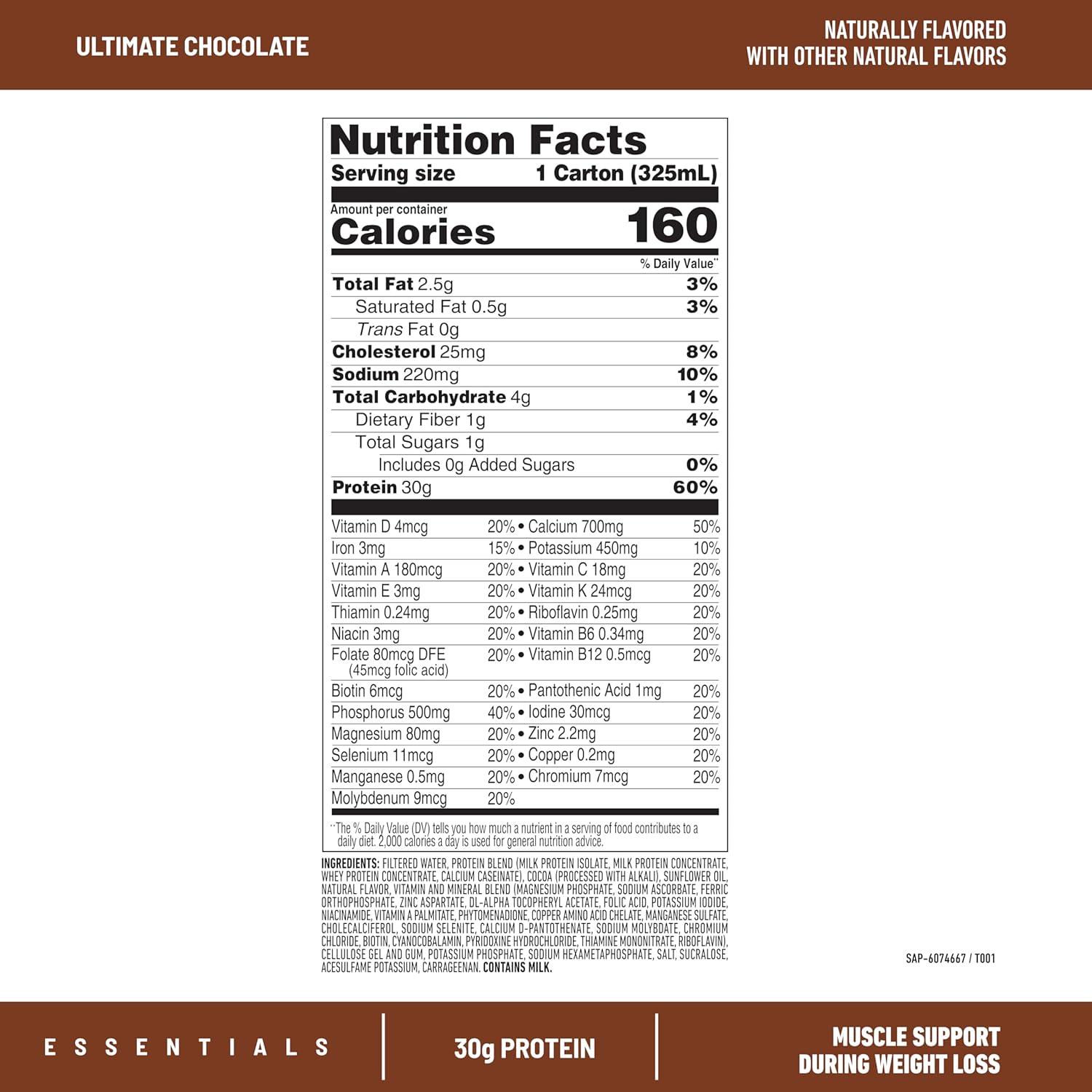 SlimFast Essentials 30g Protein Shake Chocolate, Protein Shakes Ready to Drink, Muscle Support, 1g Sugar, 25 Vitamins and Minerals, 3g Net Carbs, Ultimate Chocolate, 12 Count - Image 2