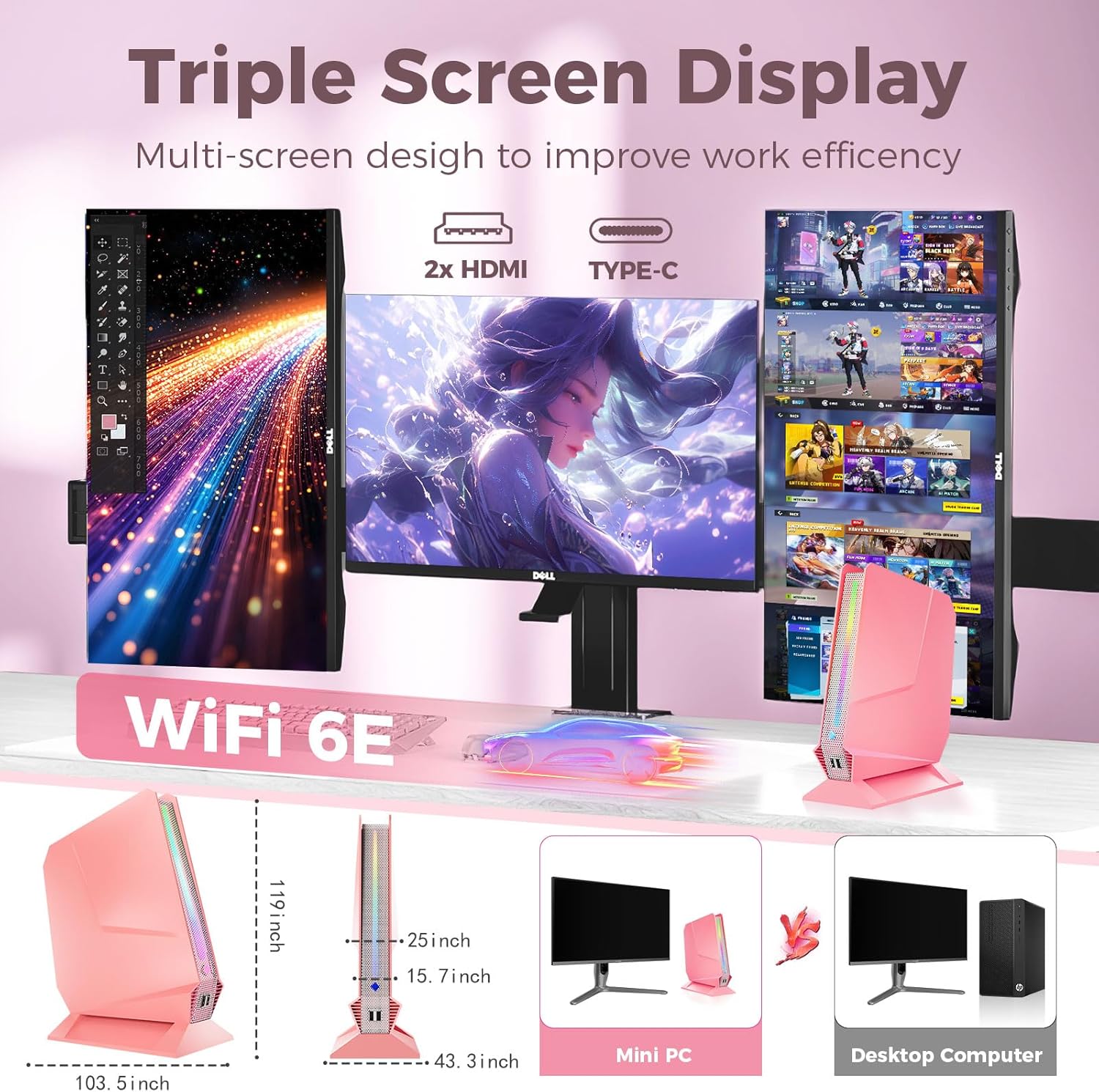 Mini Gaming PC, Core i9-9980HK(8C/16T, Max 4.8GHz), GeForce GTX1650 4G GDDR5 RGB Lights Desktop Gaming Mini Computer, 16GB RAM 1TB NVMe SSD, Triple 4K Displays/1G LAN/WiFi 6E/BT 5.3, Pink - Image 6