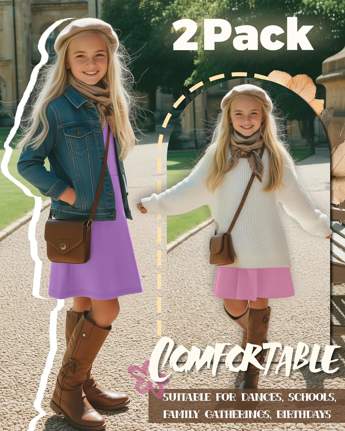 2 Pack Girls Long Sleeve Dress Skater Twirl a Line Crewneck Casual Fall Dresses for Kids 5-14 Years - Image 4