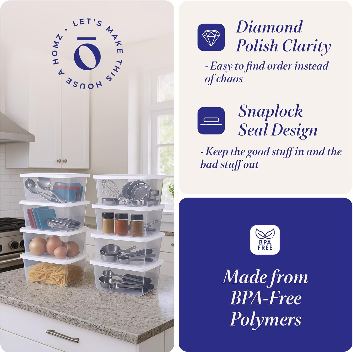 HOMZ 10-Pack Snaplock, Small Clear Plastic Storage Organizer Bins w/ Lids, 6 Quart, White - Stackable Container Boxes for Bedroom, Bathroom, Garage, and Office Organization - Image 3