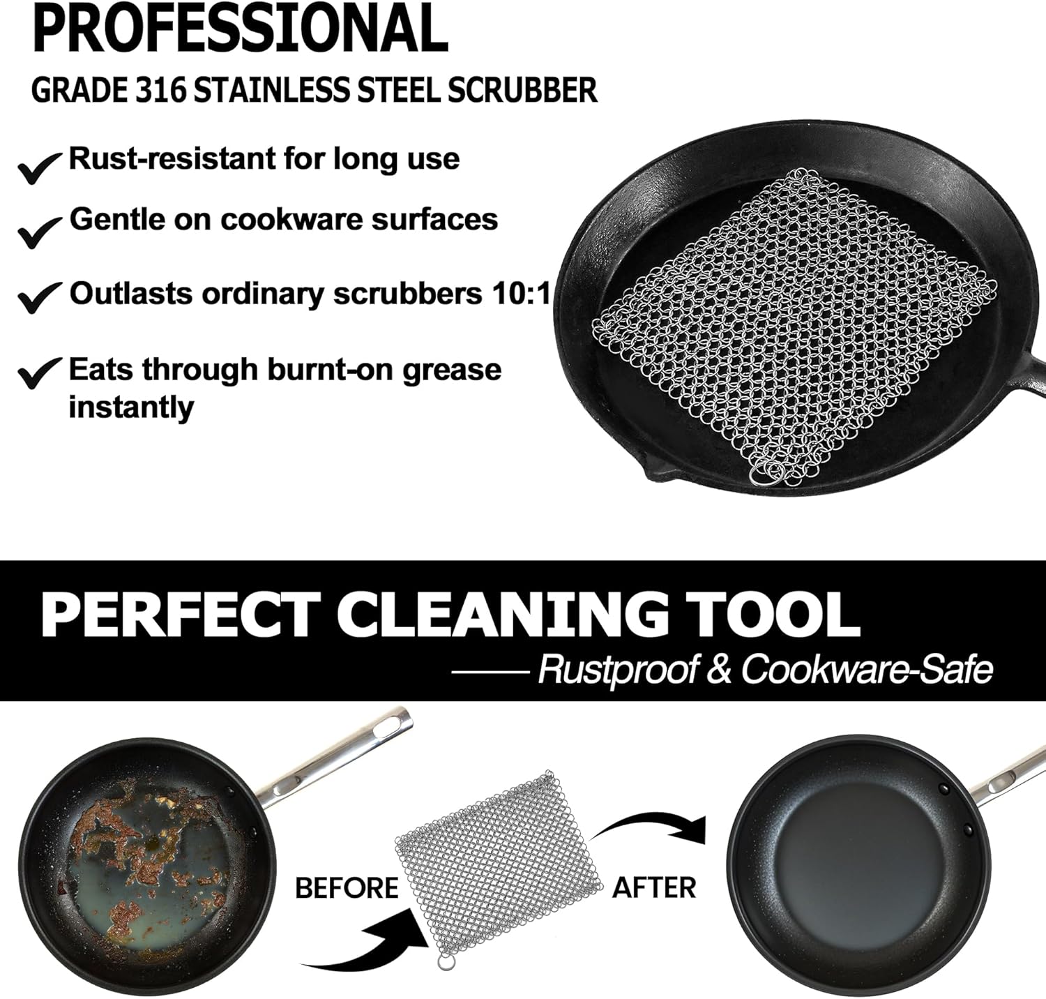 Cast Iron Scrubber 316 Stainless Steel Skillet Cleaner 8"x6" Chainmail Scrubber Scraper Chain Mail Link Scrub for Cast Iron Pre-Seasoned Pans, Griddles, BBQ Grills, and Pot Cookware Cleaning - Image 3