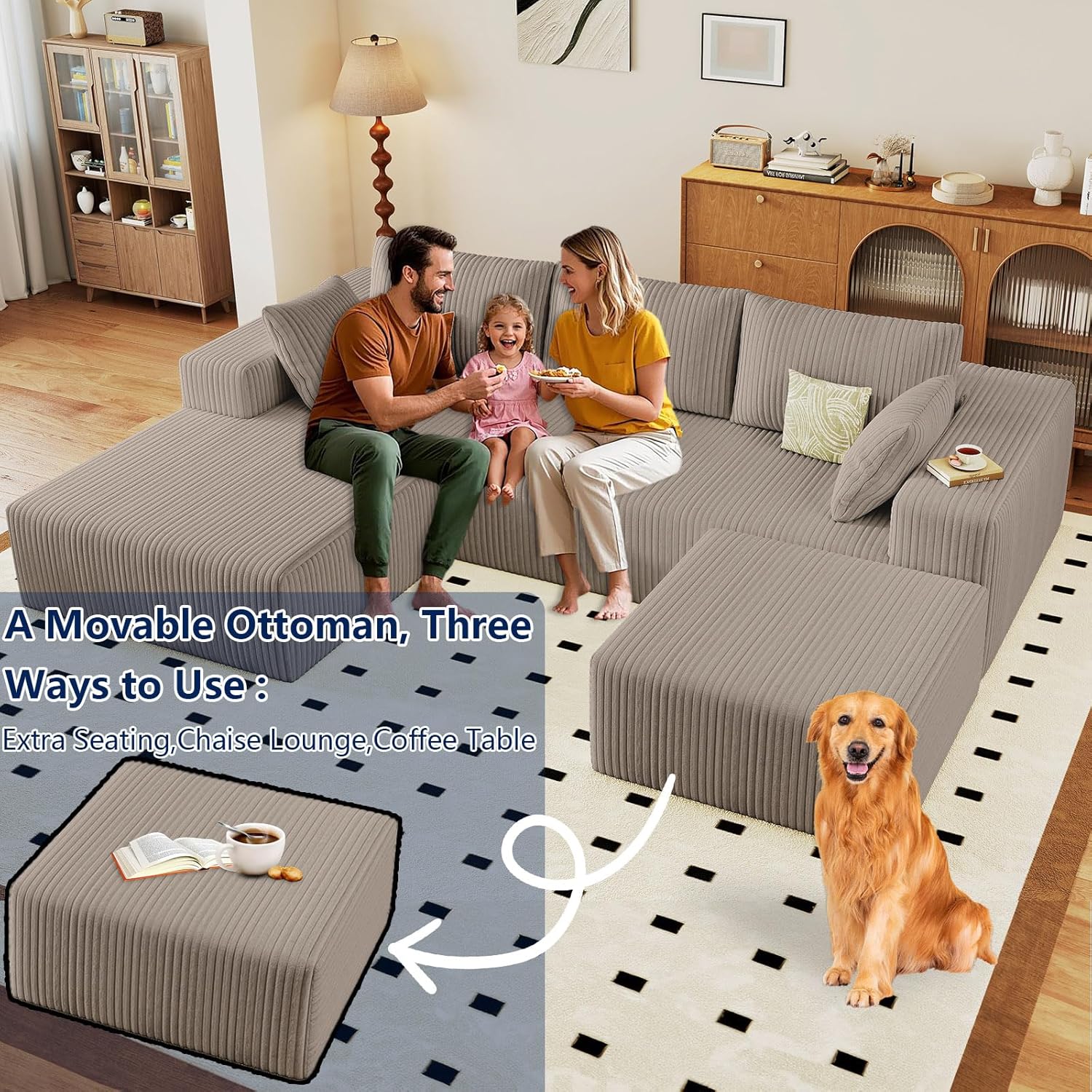 96" Modular Sectional Sofa with Ottoman, Modern Corduroy Cloud Couch with Deep Seat, Boneless Couch Upholstered 3-Seater U-Shaped Sofa for Living Room, No Assembly (Camel, Left-Facing Chaise) - Image 5