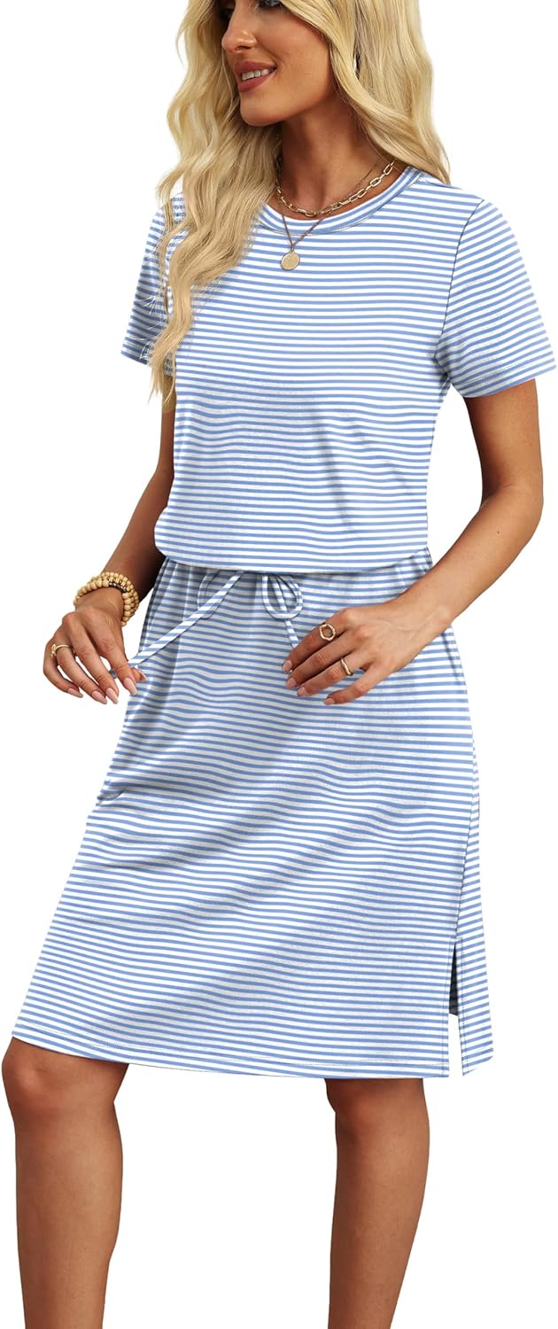 OFEEFAN Womens Summer Dresses Fashion Short Sleeve Crew Neck T Shirt Sundresses Casual Tie Waist with Pockets - Image 3
