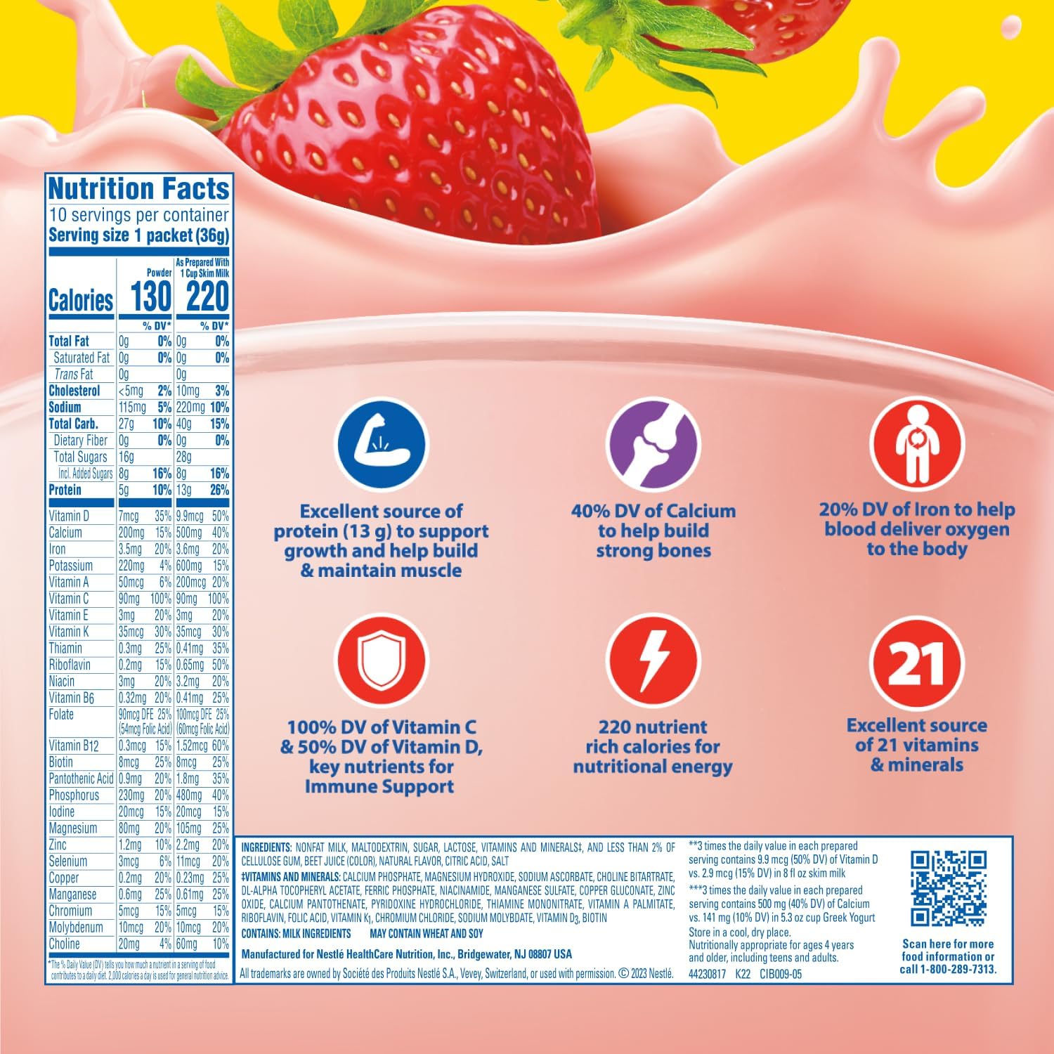 Carnation Breakfast Essentials Complete Nutritional Drink Strawberry 1.26 oz. Packet 60 Ct - Image 3
