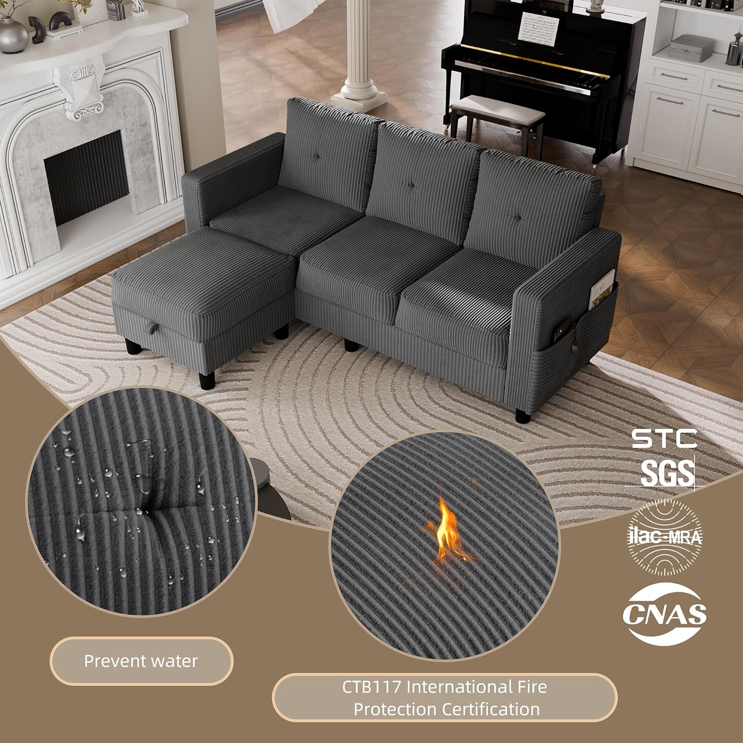 JAMFLY Convertible Sectional Couches for Living Room, L-Shaped Couch 3 Seat Sectional Sofa Set with Corduroy Fabric and Movable Ottoman Small Couch for Apartments, Office(Dark Grey) - Image 7