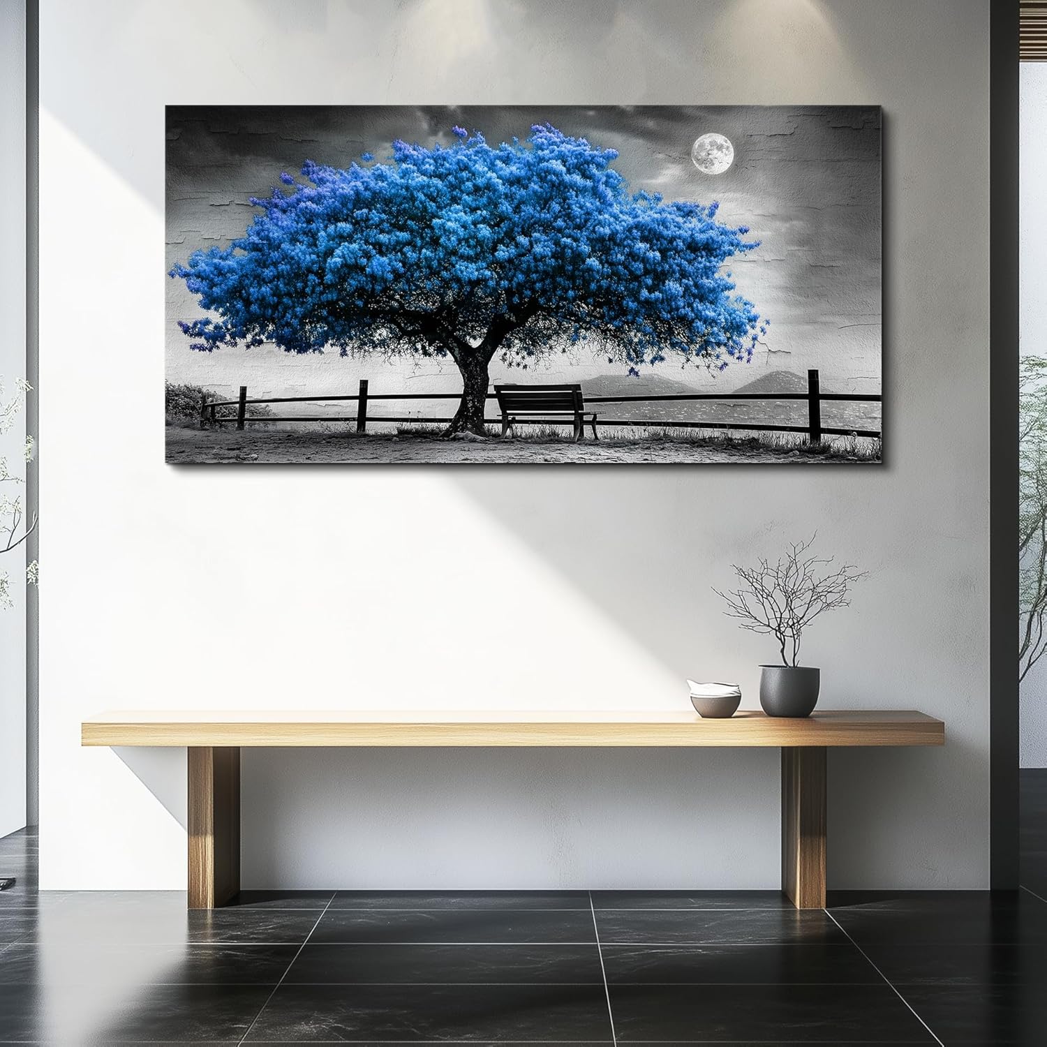 FUHAIHUA Canvas Wall Art For Living Room Wall Decor For Bedroom Office Wall Decoration Black And White Landscape Painting Blue Tree Pictures Artwork Room Aesthetic Home Decor 20x40 In - Image 3