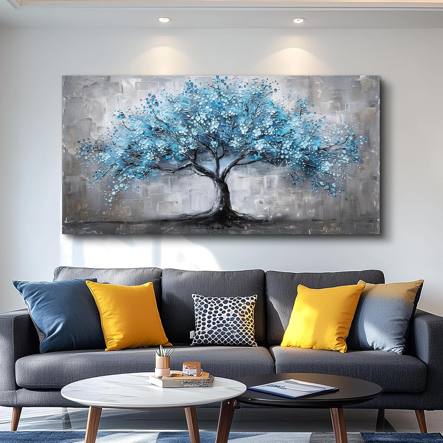 FUHAIHUA Canvas Wall Art For Living Room Wall Decor For Bedroom Office Decortions Black And White Wall Paintings Blue Trees Pictures Framed Mural Aesthetic Home Decor Posters Artwork 20x40 In - Image 2