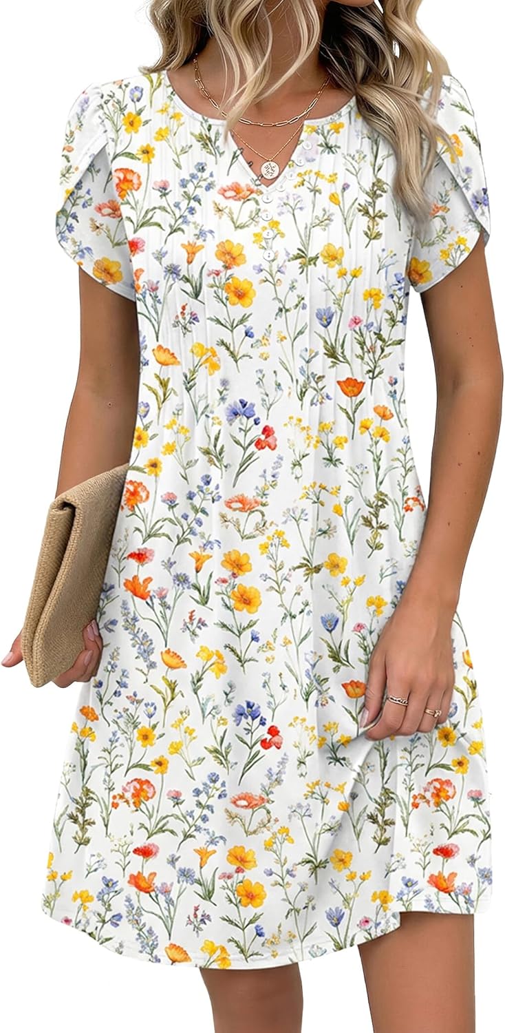 Zeagoo Women's Casual Dresses with Pockets Summer Floral V-Neck A-Line Tshirt Dress Short Sleeve Mini Dress Beach Sundress - Image 2