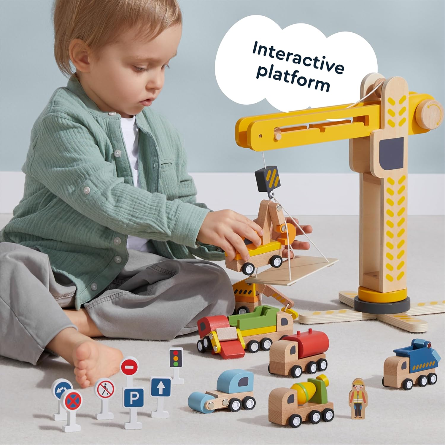 Wooden playset Crane Command Fleet, 18-Piece Set for Toddlers 3-5, 8 vehicales, Road Sighs, Non-Toxic Wood, Parent-Designed - Image 7