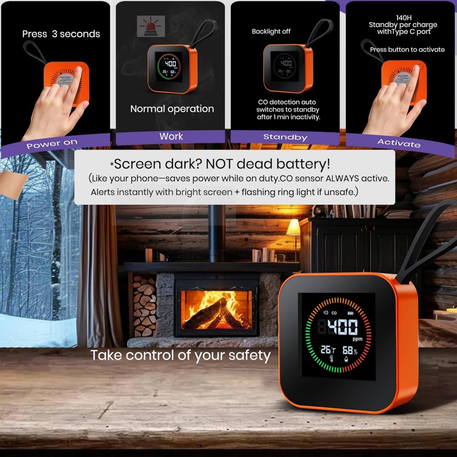 Portable Carbon Monoxide Detector for Travel – Nexus Sensus 3-in-1 CO Detector with Temp & Humidity Monitor, UL-Compliant USB-C Rechargeable Alarm for RV, Hotel, Camping, Home(1, Orange) - Image 3
