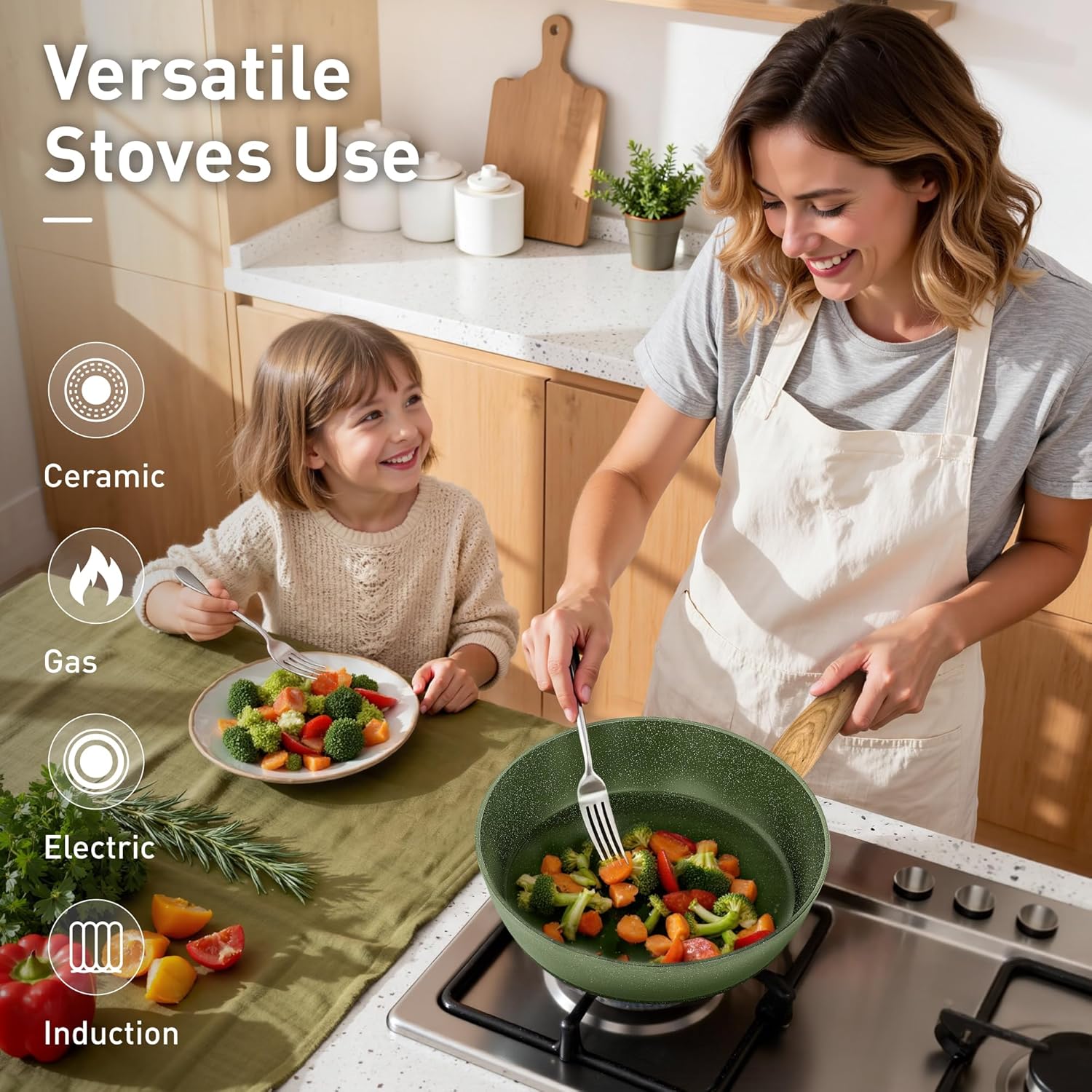 DishDelight Induction Pots and Pans Set Non Stick, 12 Piece Nonstick Induction Granite Kitchen Cookware Sets, Induction Cookware Nonstick Granite Cooking Set, PFOA&PFOS Free, Green - Image 3