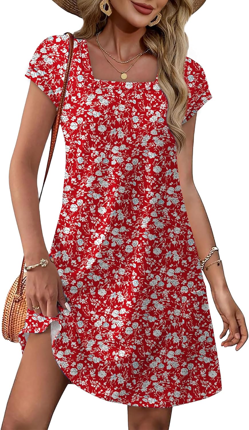 OFEEFAN Summer Dresses for Women 2026 Loose Square Neck Cap Sleeve Casual Beach Vacation Tshirt Dress Sundresses with Pockets - Image 2