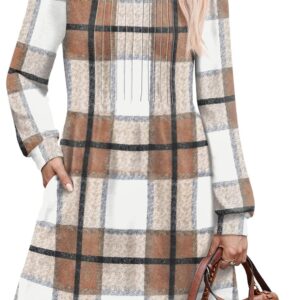 OFEEFAN Long Sleeve Dress for Women Pleated Crew Neck Casual Babydoll Sweater Dress with Pockets Fall Outfits Fashion