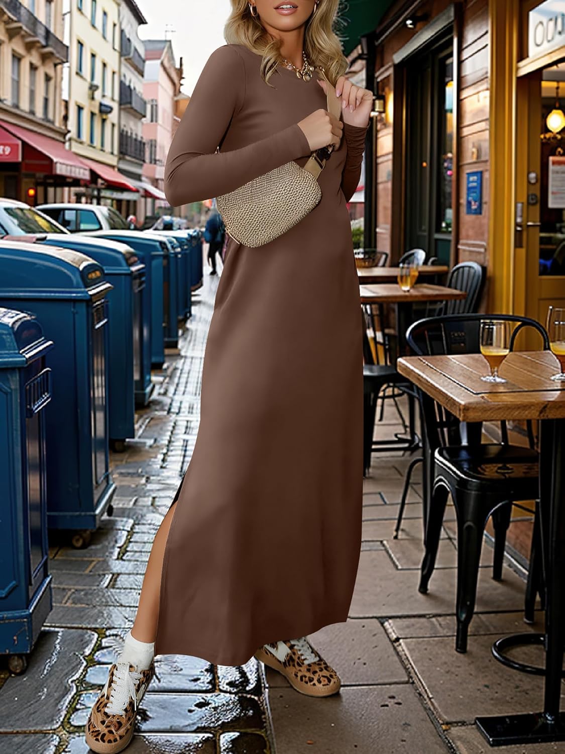 ANRABESS Women Long Sleeve Dresses 2025 Fall Casual Crewneck Loose Fit Split Flowy Wrinkle-Free Travel Vacation Maxi Dress - Image 2