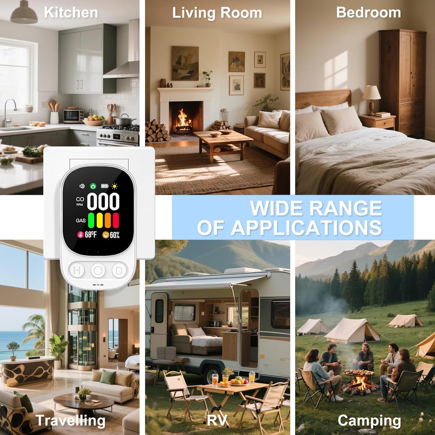 Carbon Monoxide Detectors Plug in & Natural Gas Leak Detector, 4-in-1 Portable Carbon Monoxide Alarm Propane Gas Detector, Temp Humidity, HD Screen CO Detector for Travel Home Hotel Camping RV (White) - Image 7