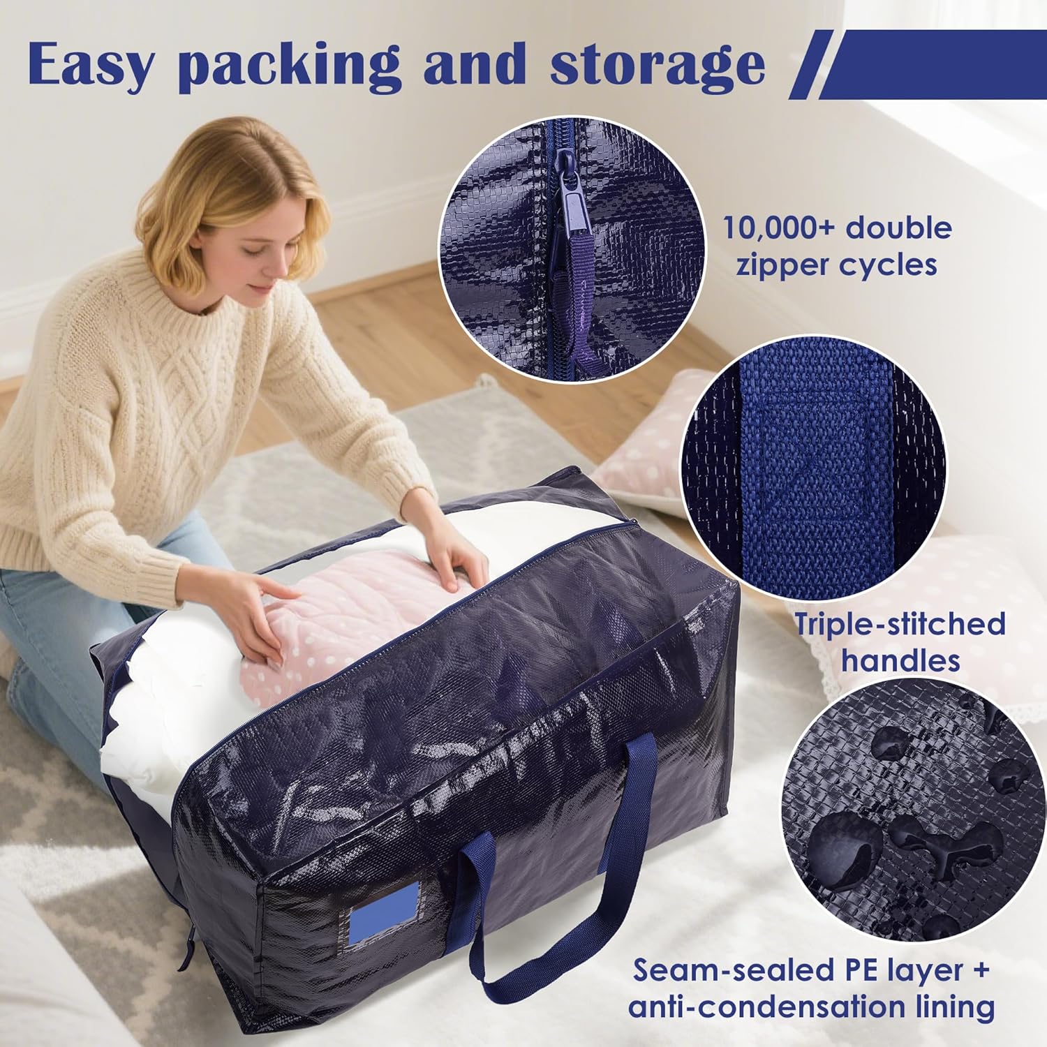 6 Pack Extra Large Heavy Duty Moving Bags with Reinforced Zipper & Wide Handles, Moisture-Resistant Storage Bins Packing Cubes for Clothes, College Dorm, Travel, and Home Organization, Dark Blue - Image 5