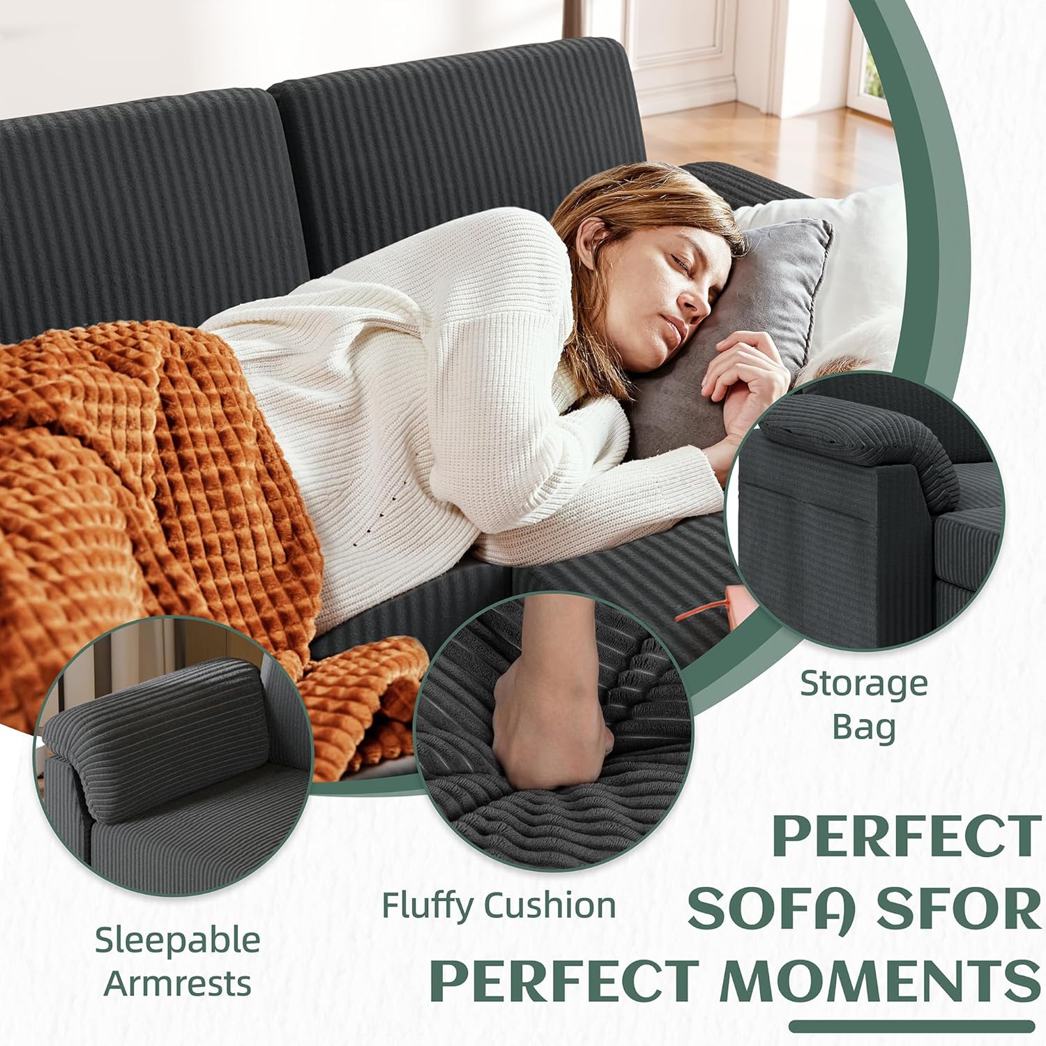 Vongrasig Convertible Sectional Sofa Couch, 3 Seat L Shaped Sofa with Removable Pillows Soft Corduroy Fabric Small Couch Mid Century for Living Room, Apartment and Office (Gray) - Image 4