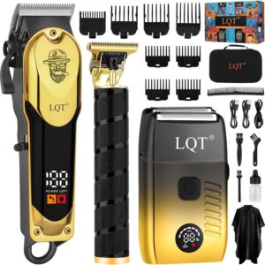 3-in-1 Barber Kit, Professional Hair Clipper, T-Blade Trimmer & Foil Shaver Set, Long-Lasting Battery, LED Display, Cordless Rechargeable Hair Cutting Tools for Men, Gold, Home-use, Gifts for Men