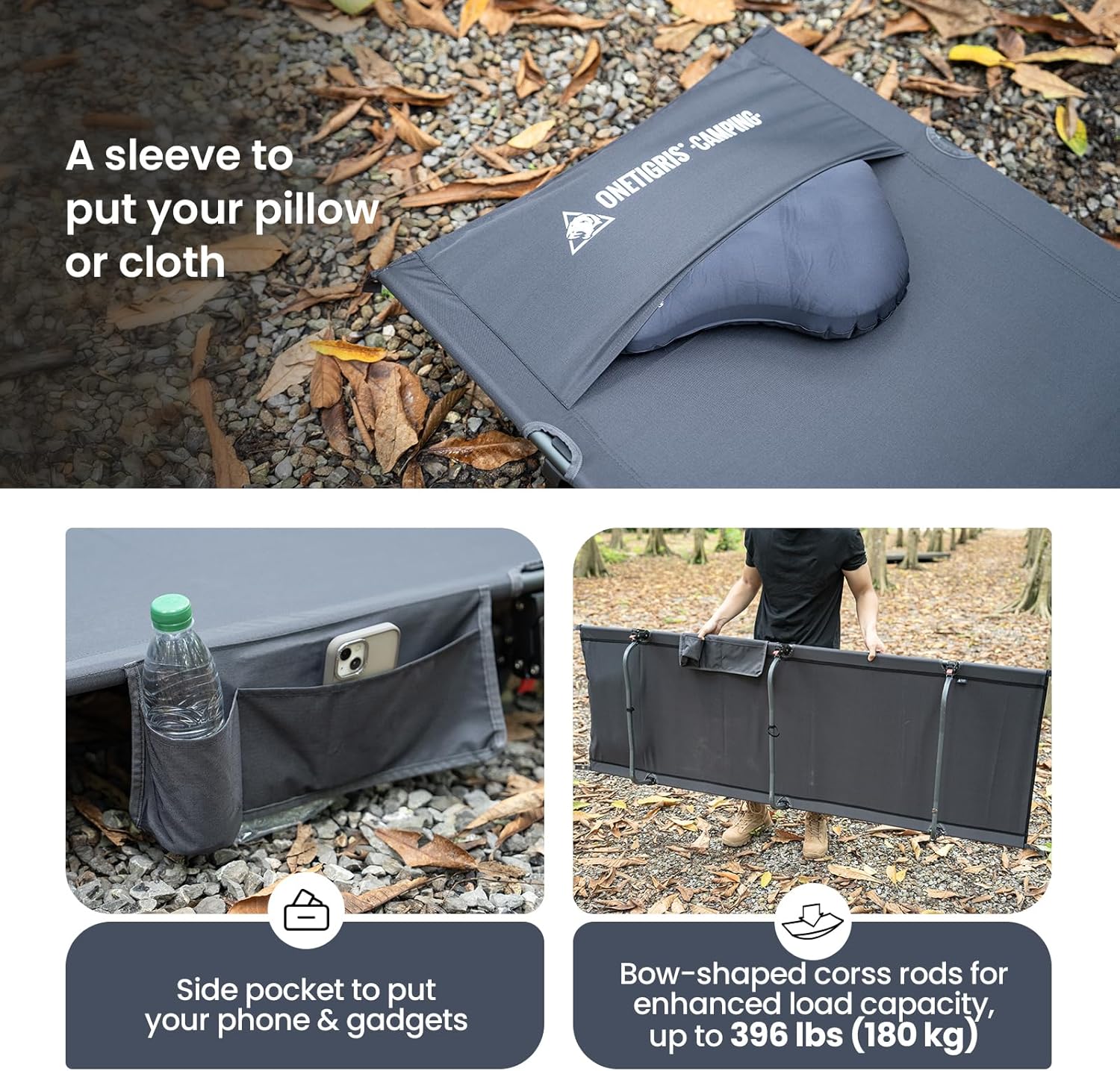 ONETIGRIS SUPRAGRIS Camping Cot, Support Up to 400lbs, Lightweight Comfortable Folding Bed for Camping, Hiking, Backpacking, Travel, Car Trips, Office Nap (Gray) - Image 3