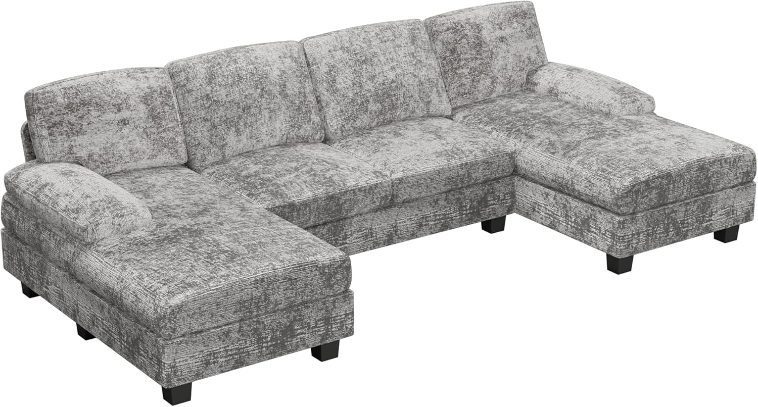 Furniwell Convertible Sectional Sofa Couch, 4 Seat Sofa Set for Living Room U-Shaped Modern Fabric Modular Sofa Sleeper with Double Chaise & Memory Foam (Fabric, Grey) - Image 7