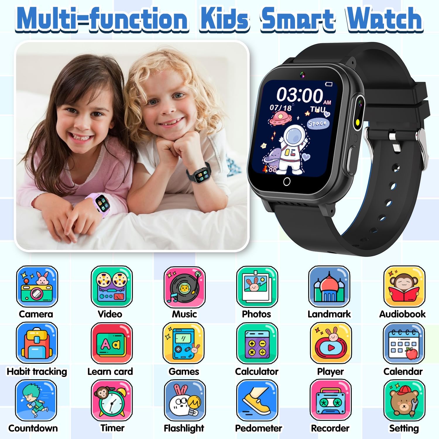 Kids Waterproof Smart Watch Gift for Boys Ages 3-12, 32 Puzzle Games, HD Touchscreen, Dual Camera, Vedio Pedometer Music Player, Kids Watch Toy Birthday Gifts for Boys Ages 5 6 7 8 9 10 (Black) - Image 2