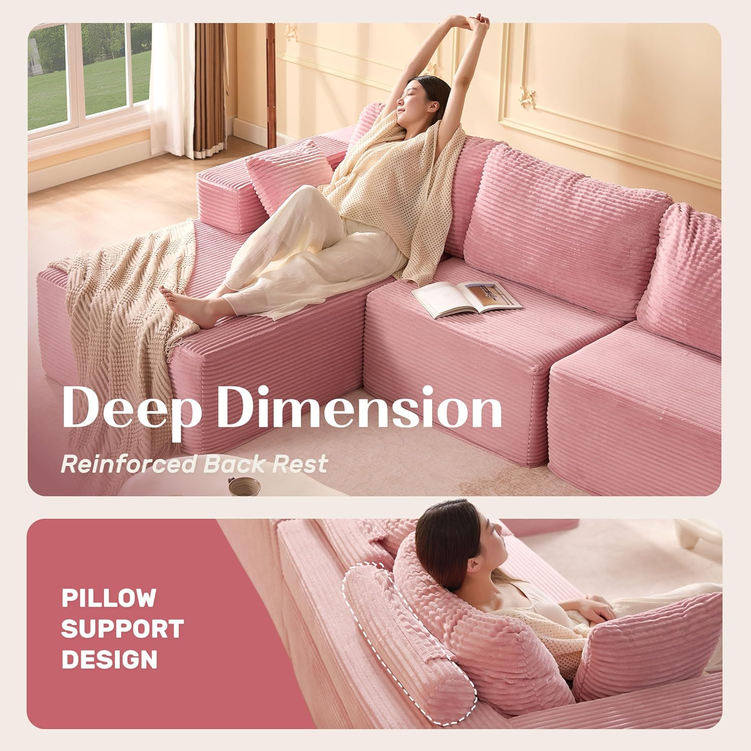 138" Boneless Couch with Deep Seat, Set of Modular Sectional Sofa, Cloud Sectional Couch for Living Room, No Assembly Required, Corduroy, 4 Seater L-Shape Left, Pink - Image 4