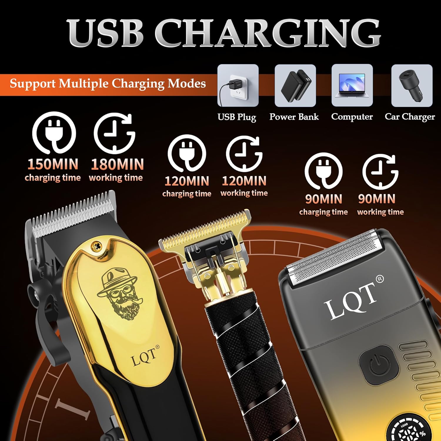 3-in-1 Barber Kit, Professional Hair Clipper, T-Blade Trimmer & Foil Shaver Set, Long-Lasting Battery, LED Display, Cordless Rechargeable Hair Cutting Tools for Men, Gold, Home-use, Gifts for Men - Image 2