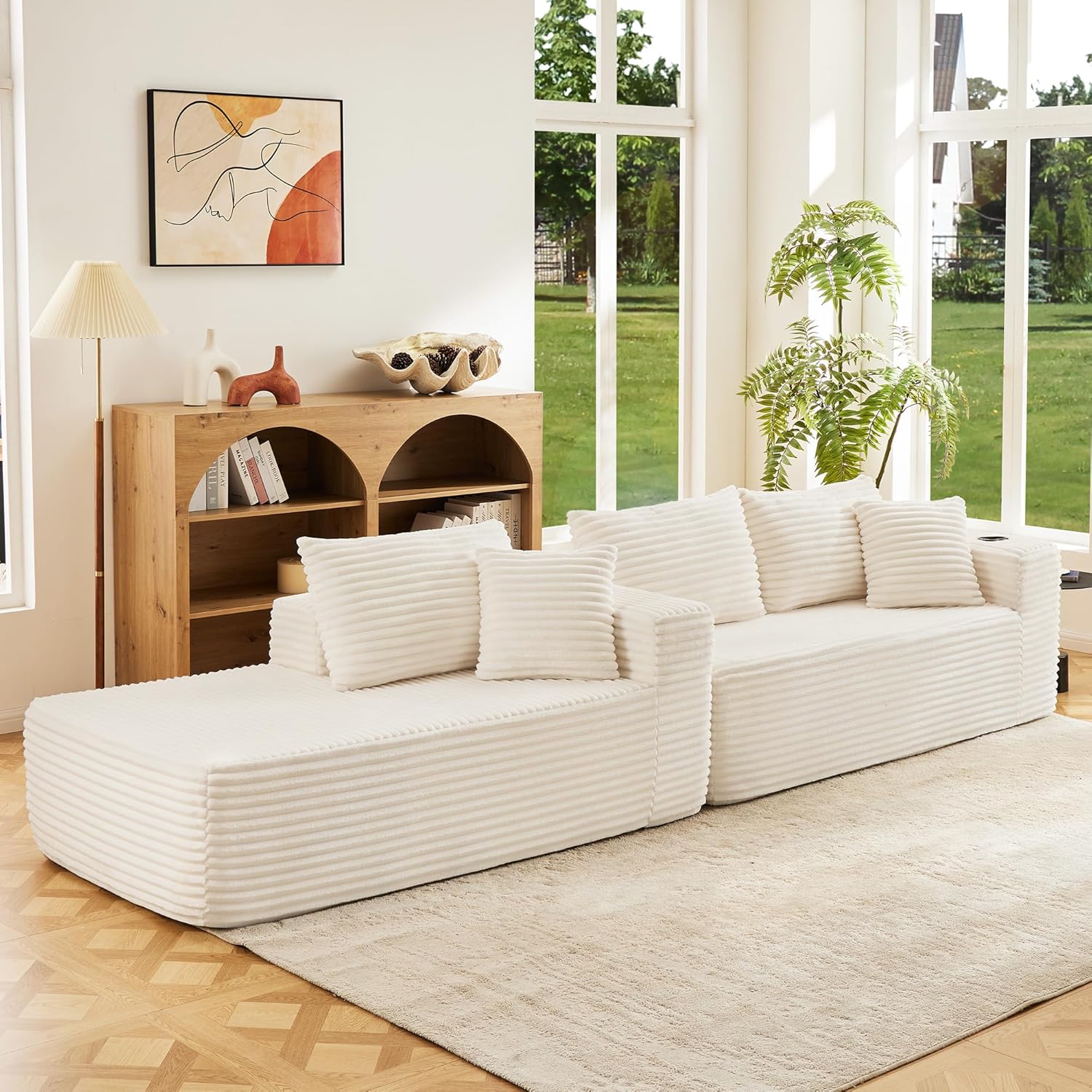 Modular Compressed Sectional Sofa Set – Velvet Corduroy Upholstery, Convertible Couch with Cup Holders and Pillows for Living Room, Beige - Image 7