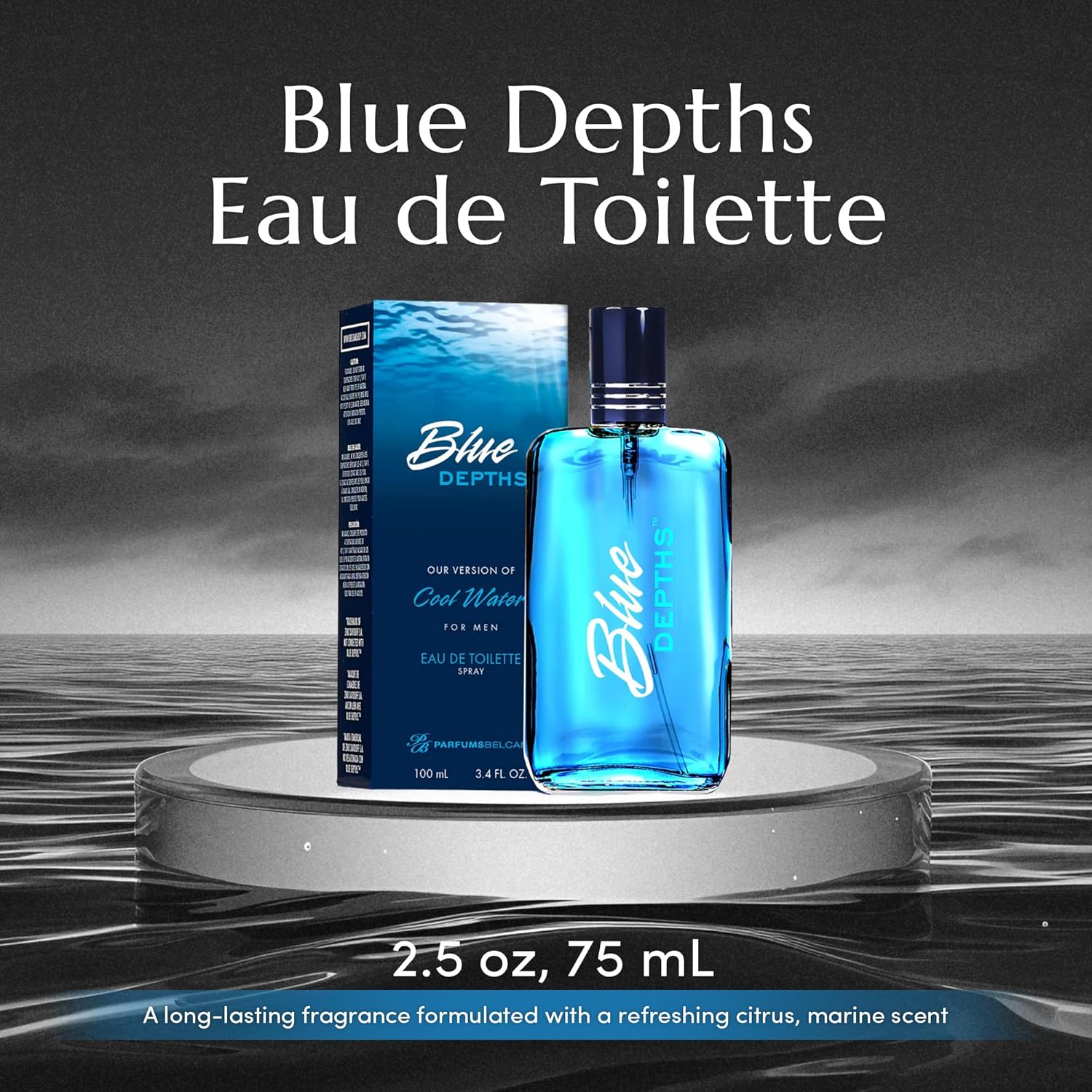 PB ParfumsBelcam Blue Depths Eau de Toilette Fragrance Spray - 3.4 Fl Oz. Fresh Aquatic Cologne for Men with Crisp Citrus, Warm Musk & Amber Scent, Crafted with Premium Oils for Day & Night Use - Image 2