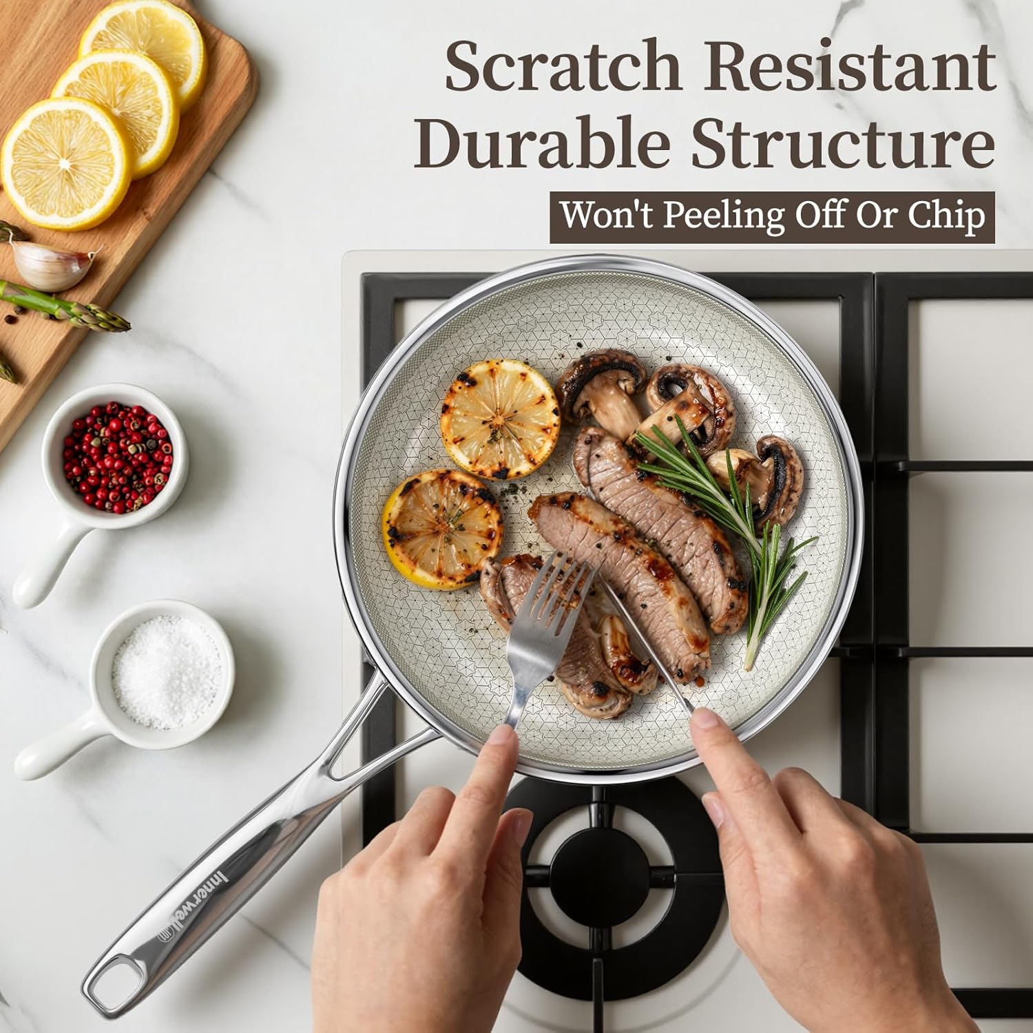 Non Stick Frying Pan Set with Lid, 8/10/12 Inch Ceramic Tri-ply Hybird Stainless Steel Cookware Sets, No Toxic Nonstick Skillet Set W/Lid Induction Cooking Pan Set of 3, Oven Safe, PFAS&PTFE&PFOA Free - Image 6