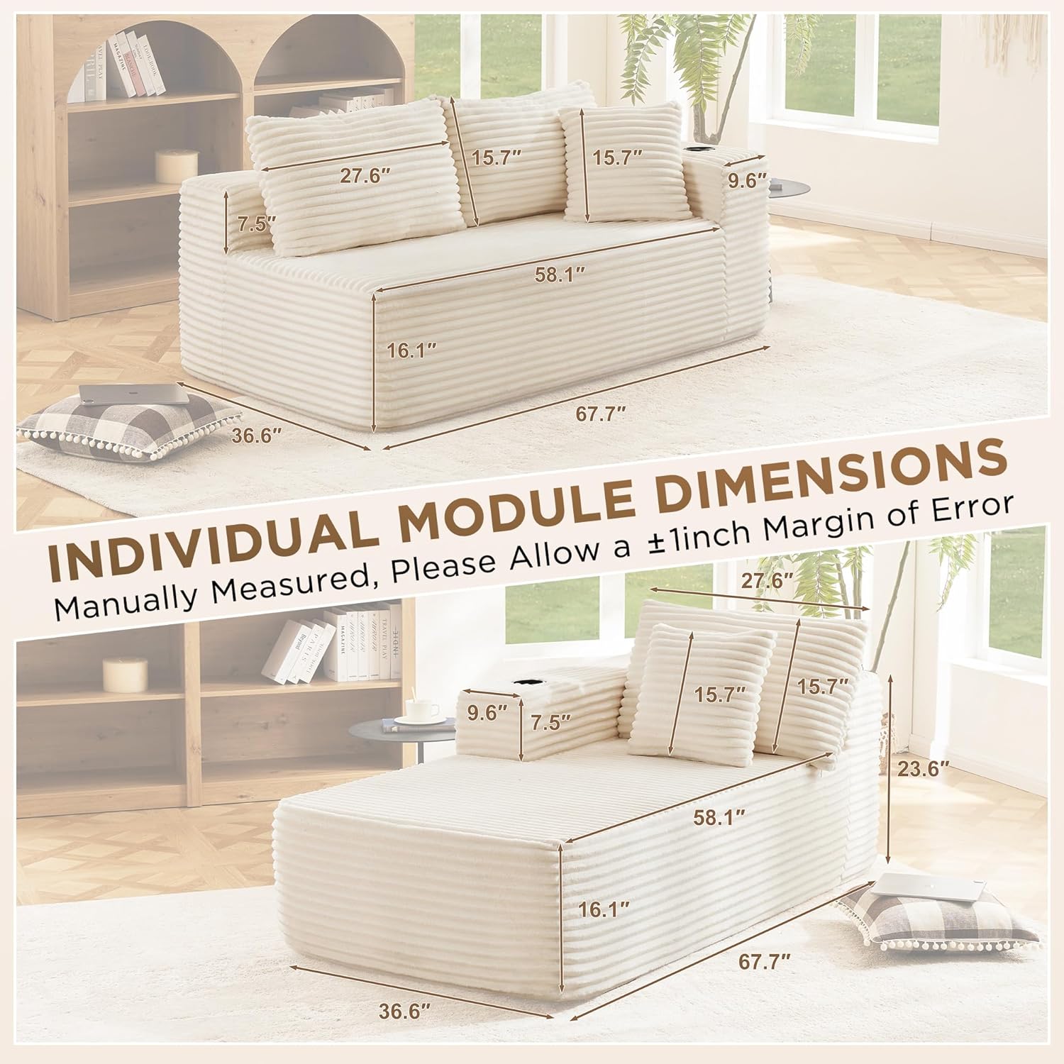 Modular Compressed Sectional Sofa Set – Velvet Corduroy Upholstery, Convertible Couch with Cup Holders and Pillows for Living Room, Beige - Image 2