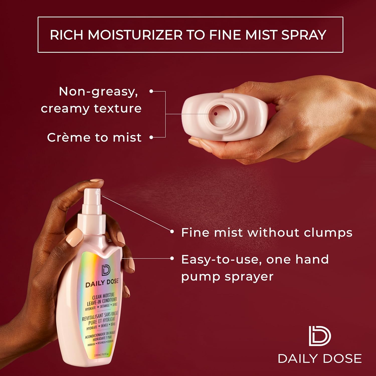 DAILY DOSE Award-Winning Clean Moisture Leave In Conditioner Spray Detangler for Dry, Damaged & Frizzy Hair. Instantly Softens, Smooths & Adds Shine for Kids & Adults. Vegan, Sulfate-Free, Color Safe - Image 6