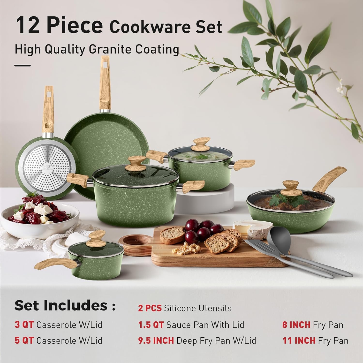 DishDelight Induction Pots and Pans Set Non Stick, 12 Piece Nonstick Induction Granite Kitchen Cookware Sets, Induction Cookware Nonstick Granite Cooking Set, PFOA&PFOS Free, Green - Image 5