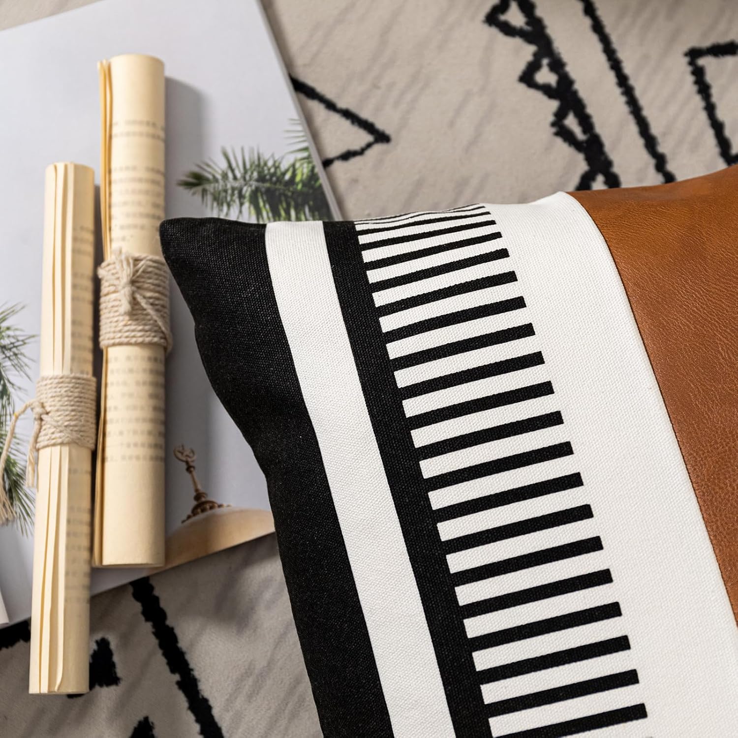 Farmhouse Decorative Throw Pillow Cover for Sofa Couch Accent Faux Leather Square Cushion Cover Tribal Stripe Boho Pillow Case 18 x 18 Inch,Black - Image 5