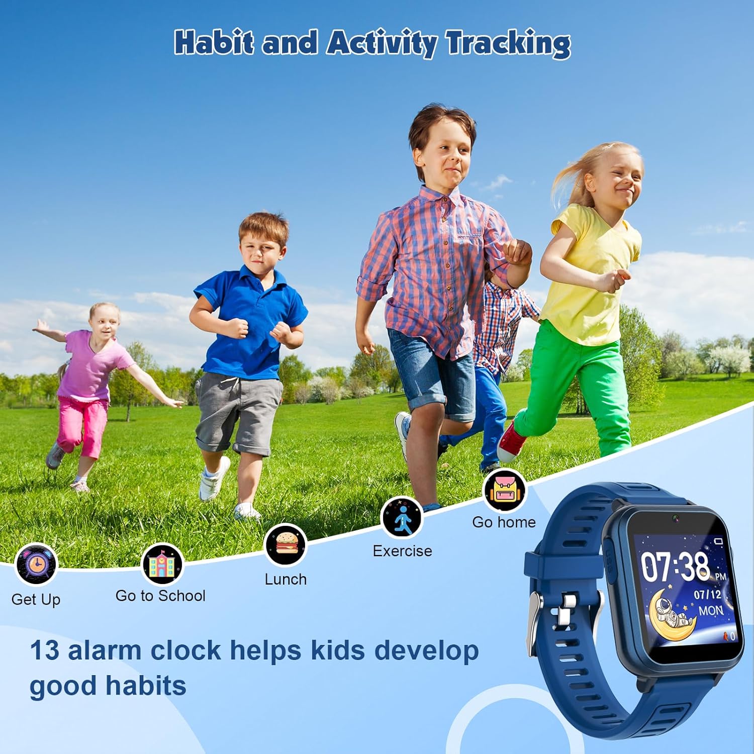 Smart Watch for Kids Game Watch with 39 Educational Games HD Camera, Habit Tracking, Music, Alarm Clock, Calculator, Calendar, Flashlight, Suitable for Children's Toys Aged 3-12 (Blue) - Image 6