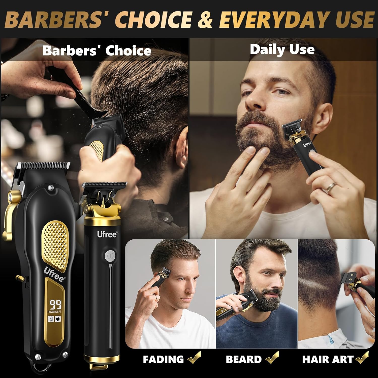 Ufree Professional Cordless Clippers and Trimmers Set for Men for Hair Cutting, Beard Trimmer, Barber Clippers, Rechargeable Electric Shaver, Gifts for Men - Image 2