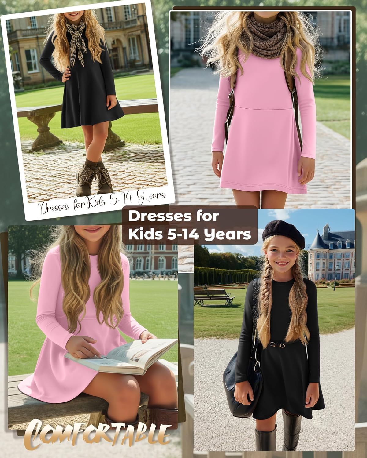 2 Pack Girls Long Sleeve Dress Skater Twirl a Line Crewneck Casual Fall Dresses for Kids 5-14 Years - Image 2