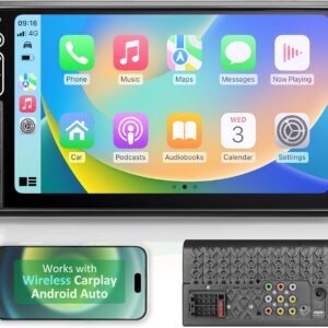 Double Din Car Stereo Compatible with Wireless Apple Carplay, Android Auto – 7″ Touch Screen Car Audio Receiver with Bluetooth, AUX, FM Car Radio