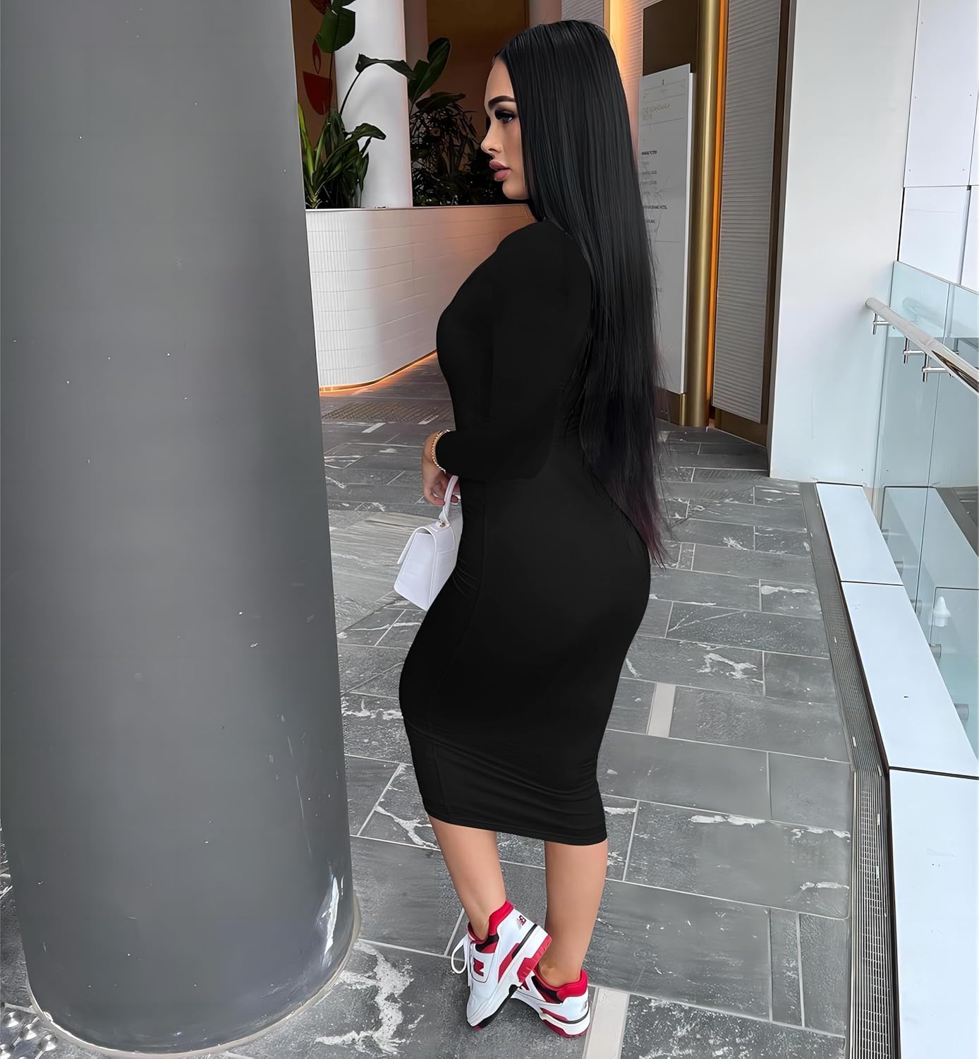 Nimsruc Womens Autumn Casual Sexy Long Sleeves Bodycon Dress Basic Pencil Midi Club Dresses - Image 3