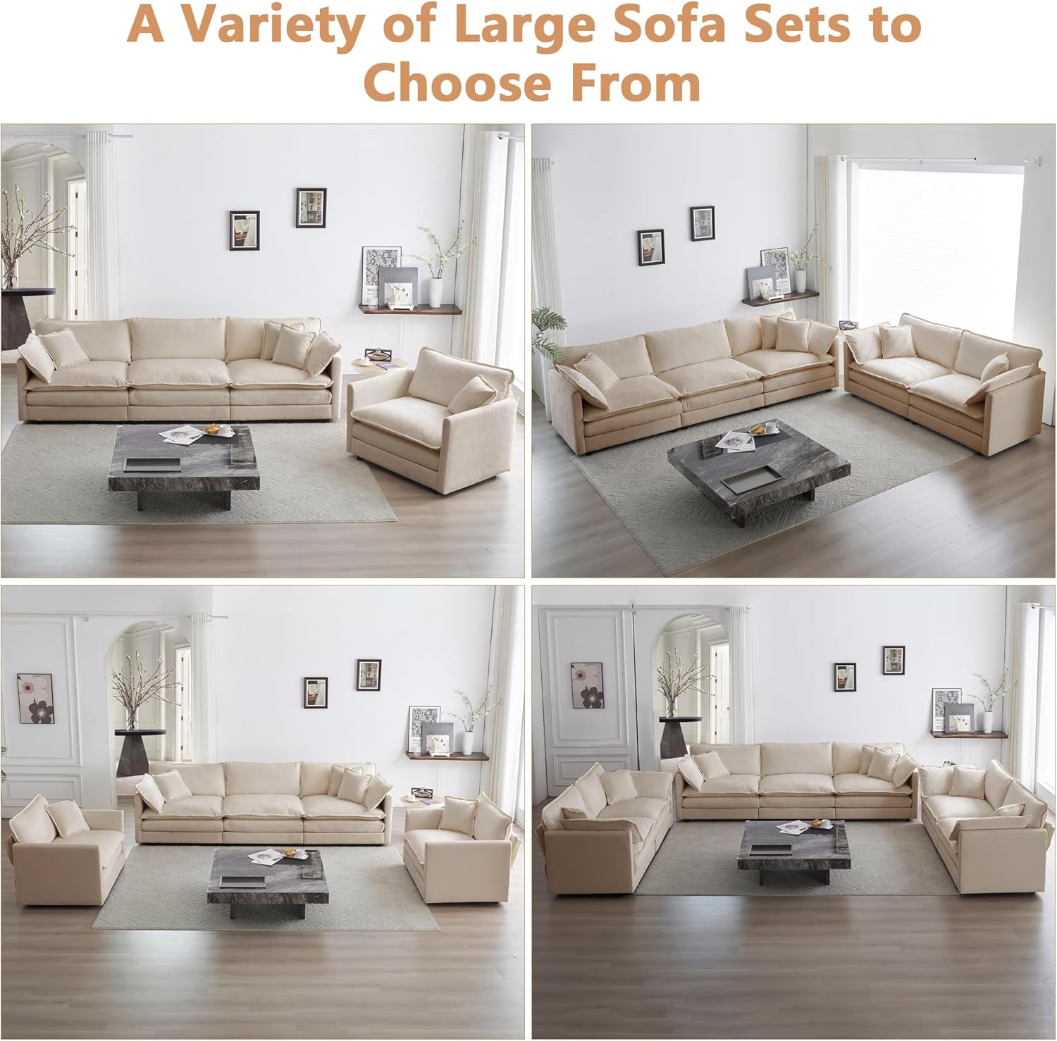 mikibama Modular Sectional Sofa, 111.5 Inch L Shaped Couch Set for Living Room, 3-Seater Comfy Cloud Couches with Movable Ottoman, DIY Combination, Chenille, Light Coffee - Image 7