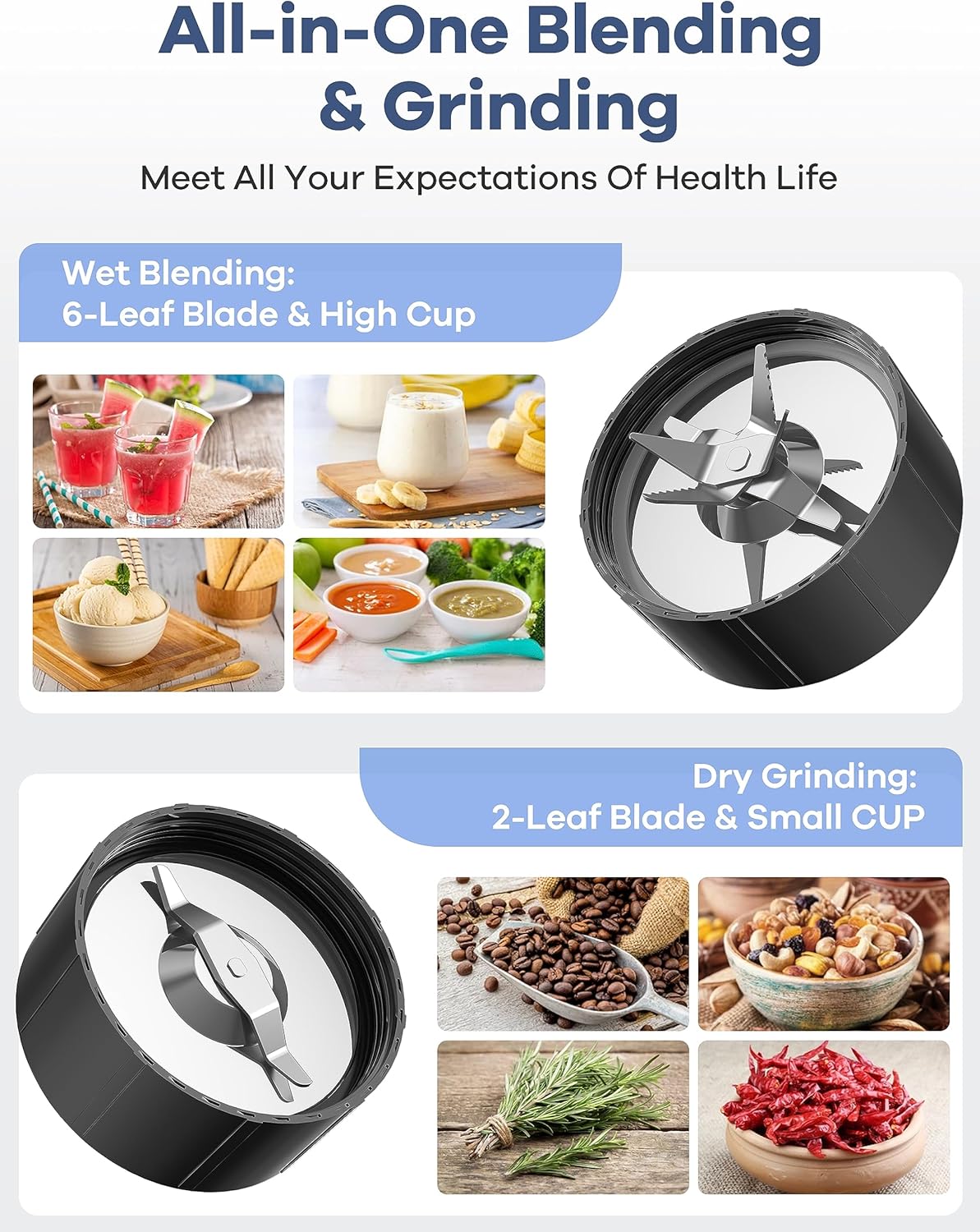 Ganiza Smoothie Blender, 900W Blenders for Shakes and Smoothies, 15-Piece Personal Blender and Grinder Combo for Kitchen, Smoothies Maker with 4 BPA-Free Portable Cup, Nutritious Recipe - Image 2