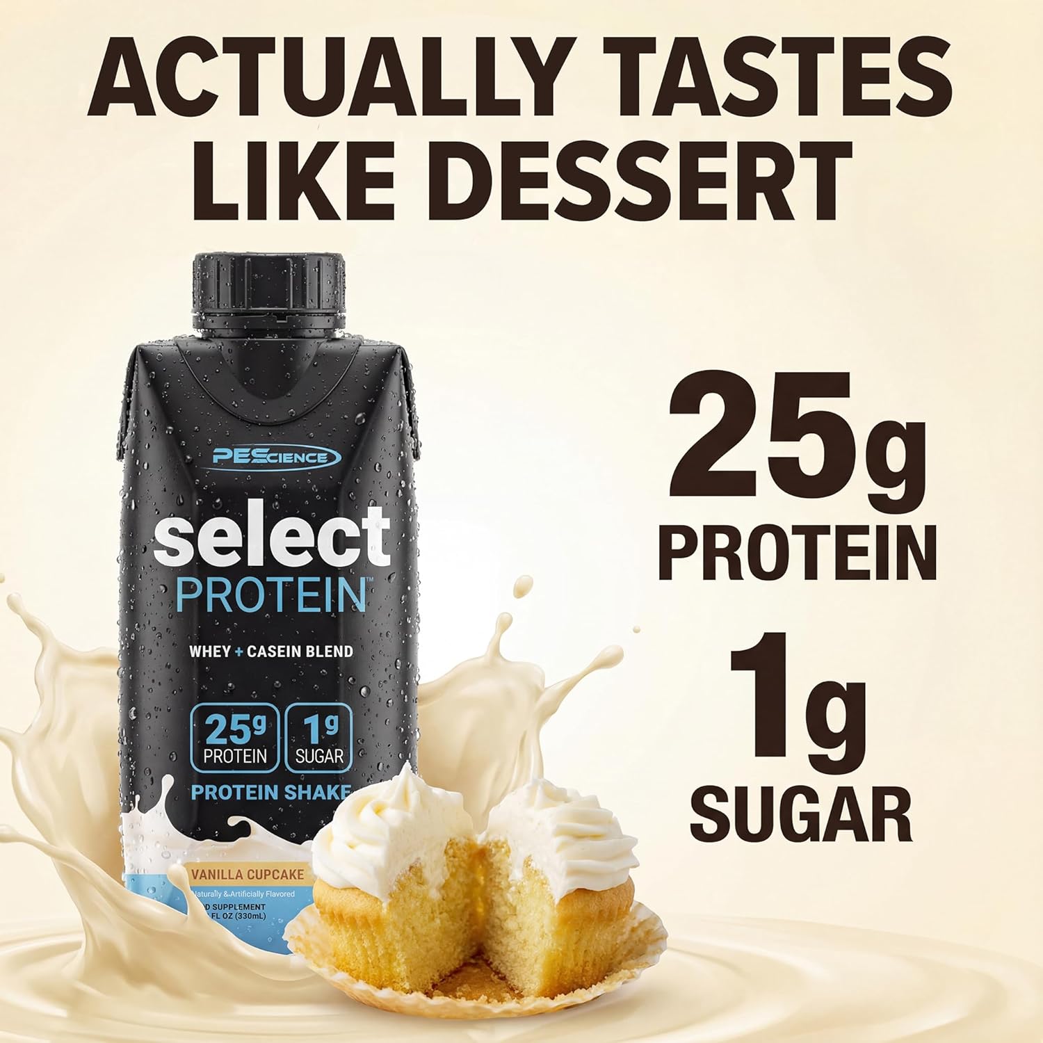 PEScience Select Protein Shake RTD, 25g Whey and Casein Blend, High Protein Drink, Gluten Free, Keto Friendly, 0g Sugar, Low Carb Ready to Drink Meal Replacement, Vanilla Cupcake - Pack of 4 - Image 3