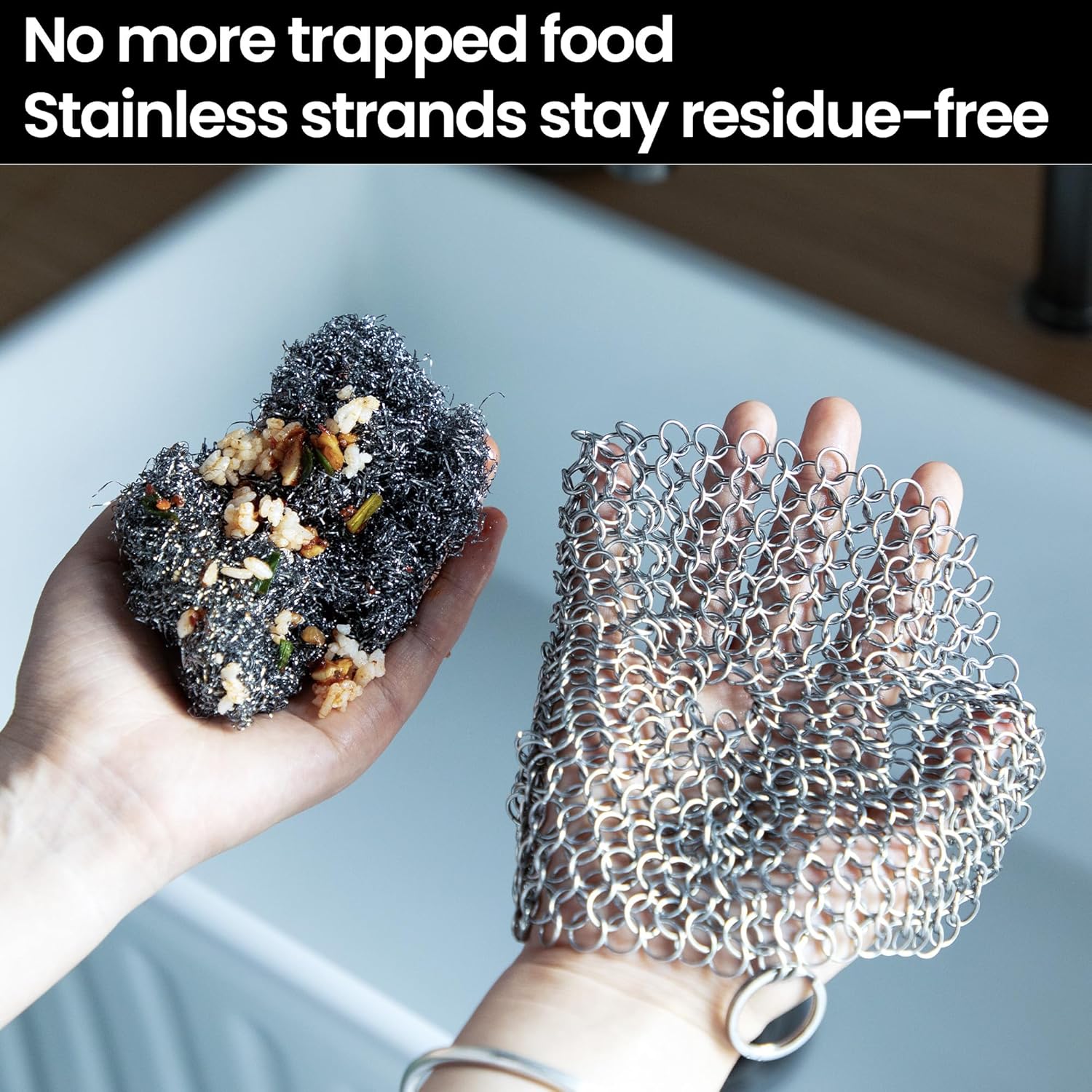 Cast Iron Scrubber 316 Stainless Steel Skillet Cleaner 8"x6" Chainmail Scrubber Scraper Chain Mail Link Scrub for Cast Iron Pre-Seasoned Pans, Griddles, BBQ Grills, and Pot Cookware Cleaning - Image 4